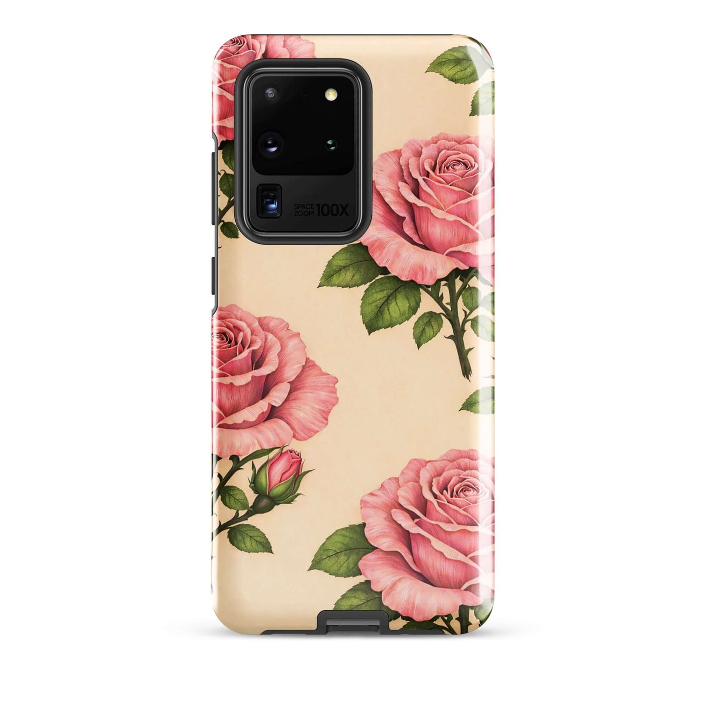 Phone Case for Samsung Galaxy with pink roses on cream background, elegant floral design, protective and stylish accessory