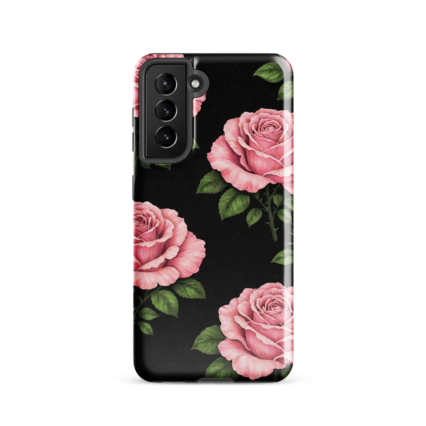 Phone Case for Samsung Galaxy with pink roses and green leaves on black background