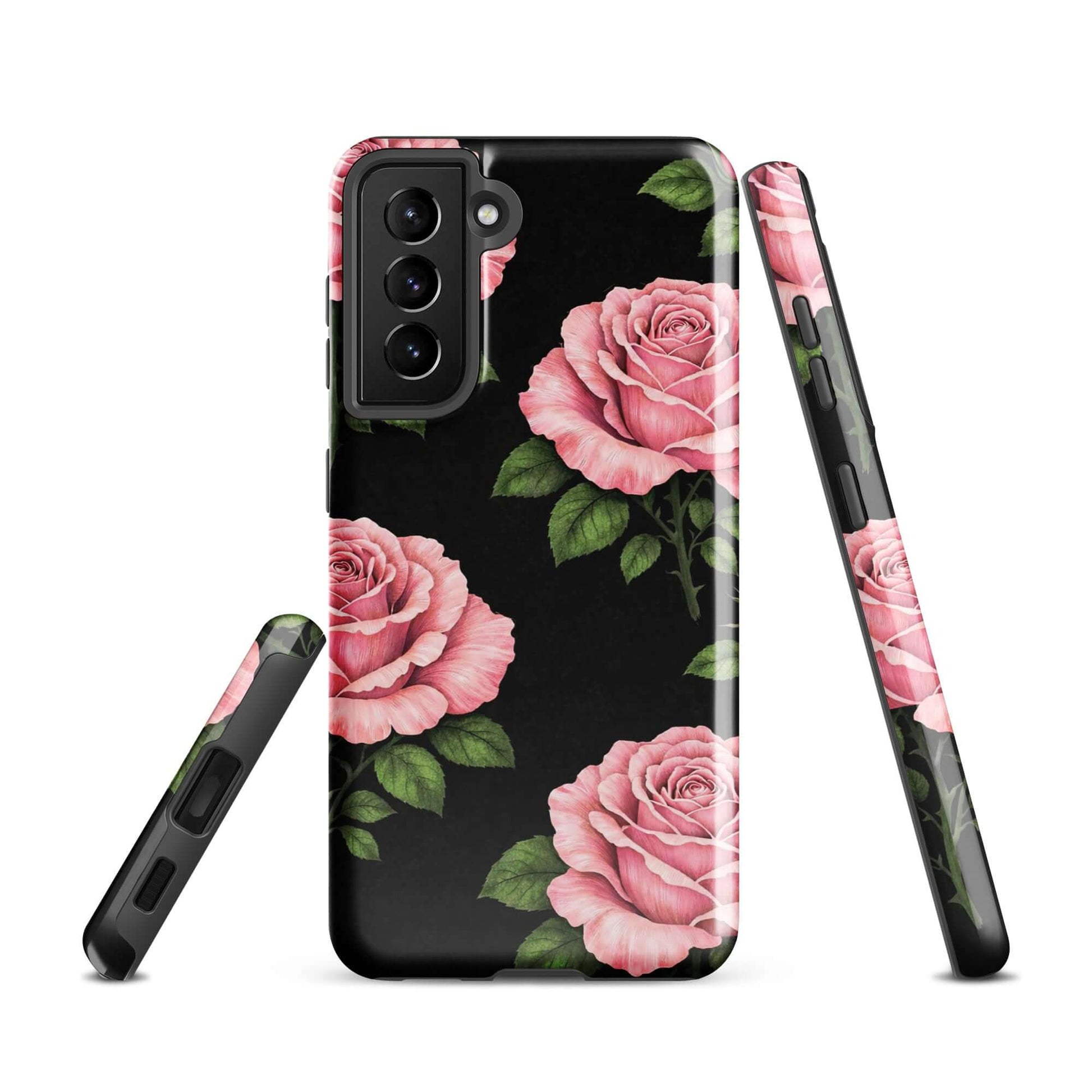 Phone Case for Samsung Galaxy with pink rose garden design on black background