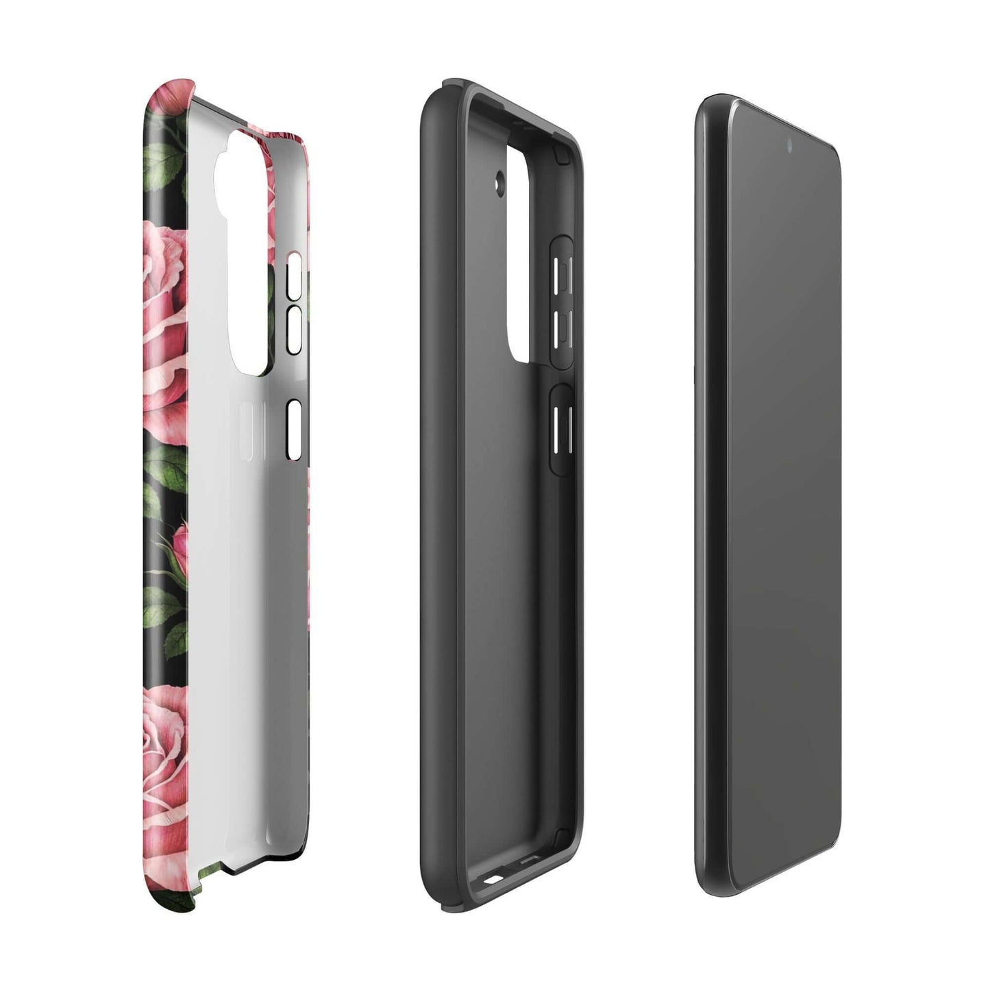 Phone Case for Samsung Galaxy featuring pink roses on black background, showcasing floral design with elegant and protective style.