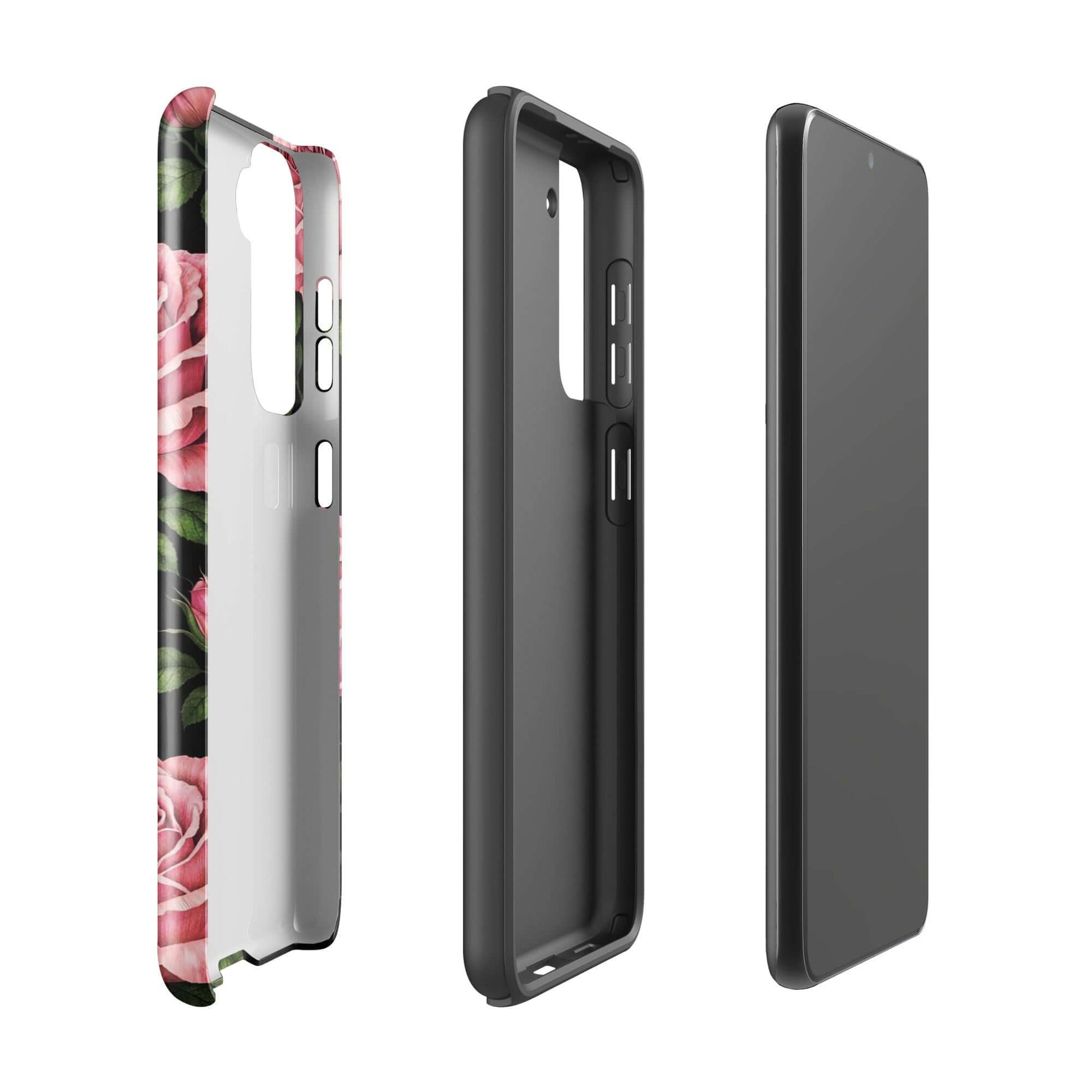 Phone Case for Samsung Galaxy featuring pink roses on black background, showcasing floral design with elegant and protective style.