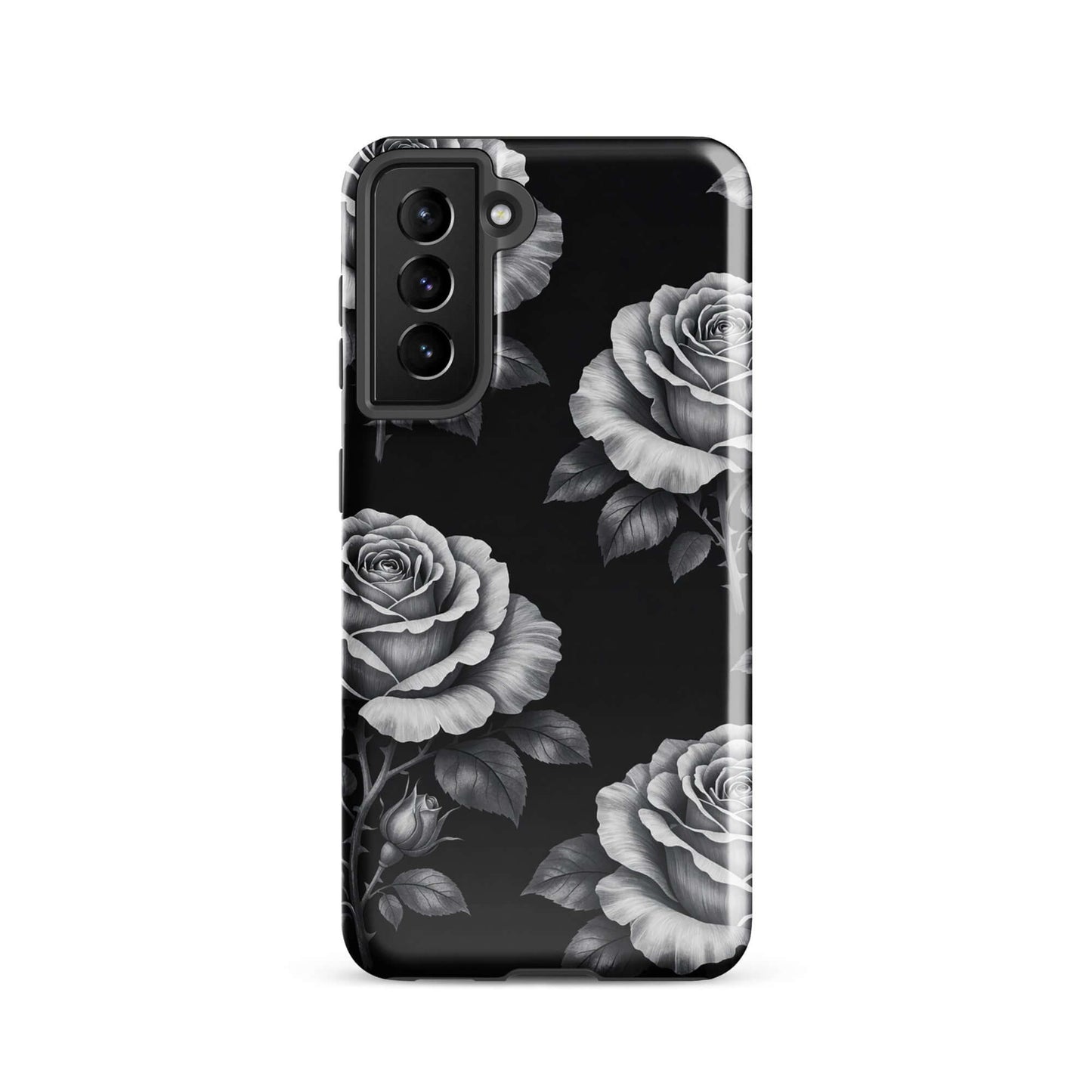 Phone Case for Samsung Galaxy with pencil-sketch roses on black background, Rose Garden Tough Case