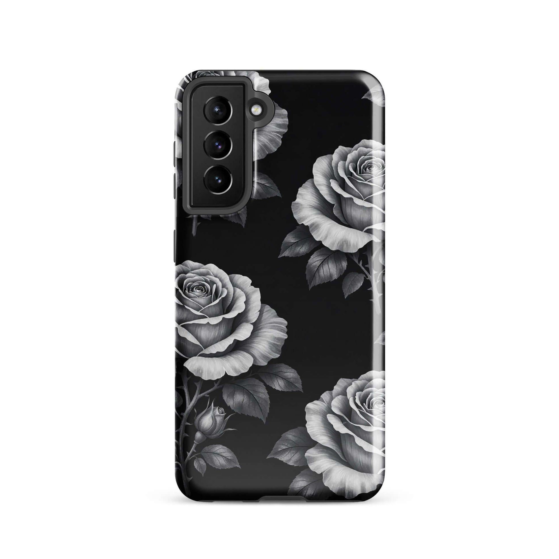 Phone Case for Samsung Galaxy with pencil-sketch roses on black background, Rose Garden Tough Case