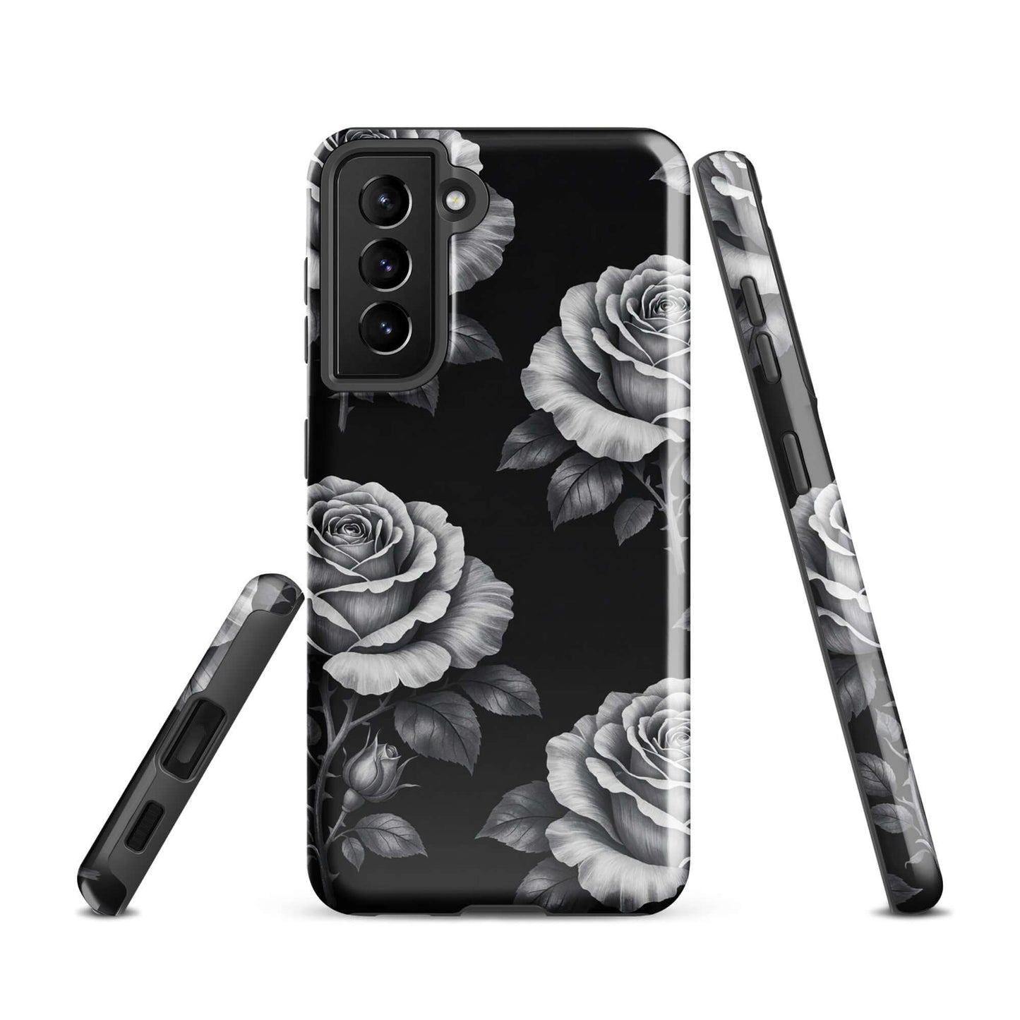 Phone Case for Samsung Galaxy with floral rose pattern on black background, showing side and back views of the case
