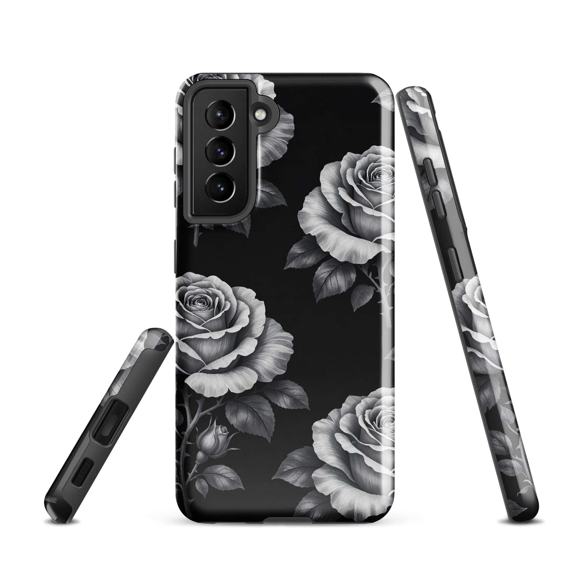 Phone Case for Samsung Galaxy with floral rose pattern on black background, showing side and back views of the case