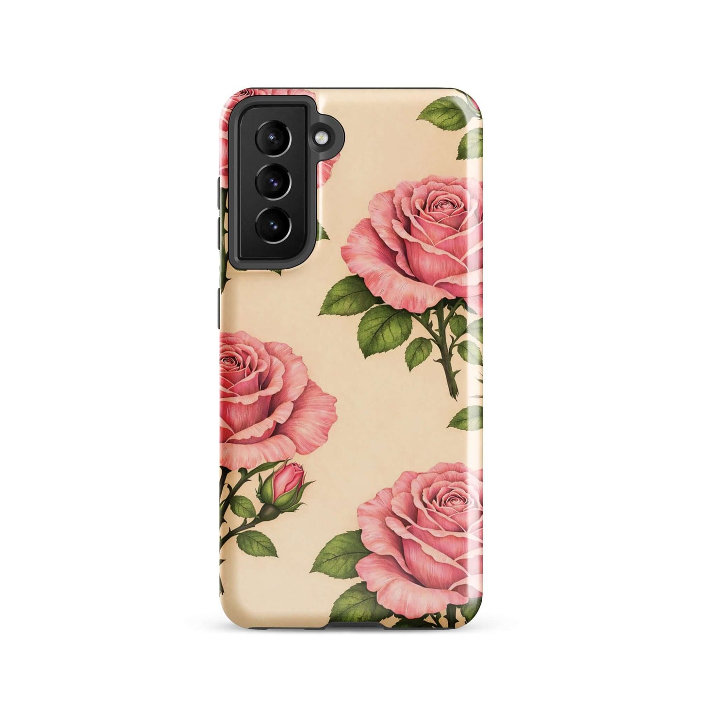 Phone Case for Samsung Galaxy with pink roses and warm cream background, elegant design with floral pattern.