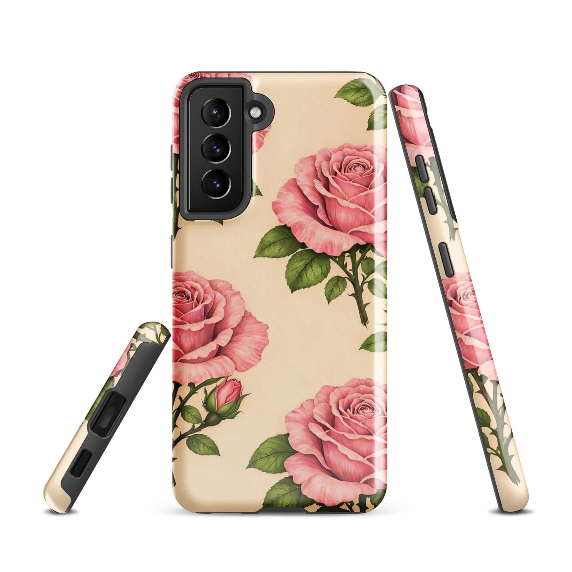 Phone Case for Samsung Galaxy featuring pink roses on warm cream background, elegant floral design with protection