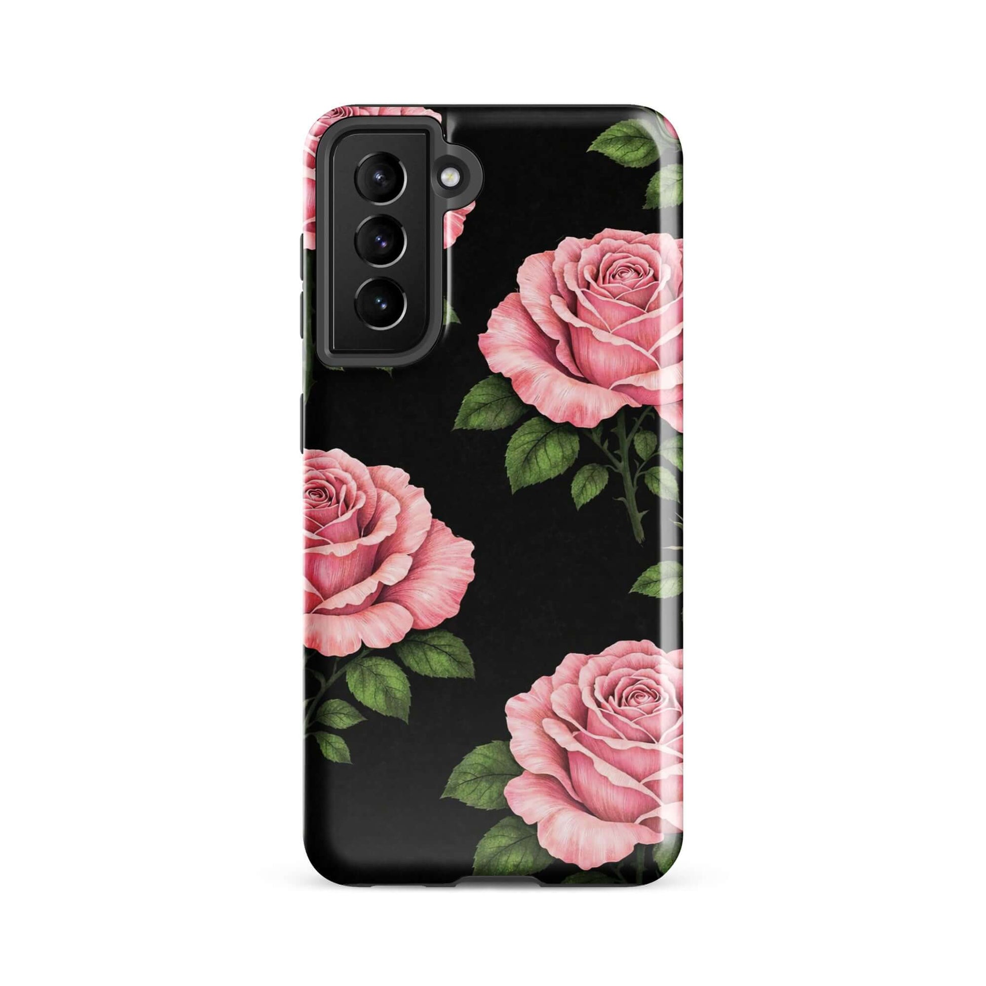 Phone Case for Samsung Galaxy with pink rose garden design on black background