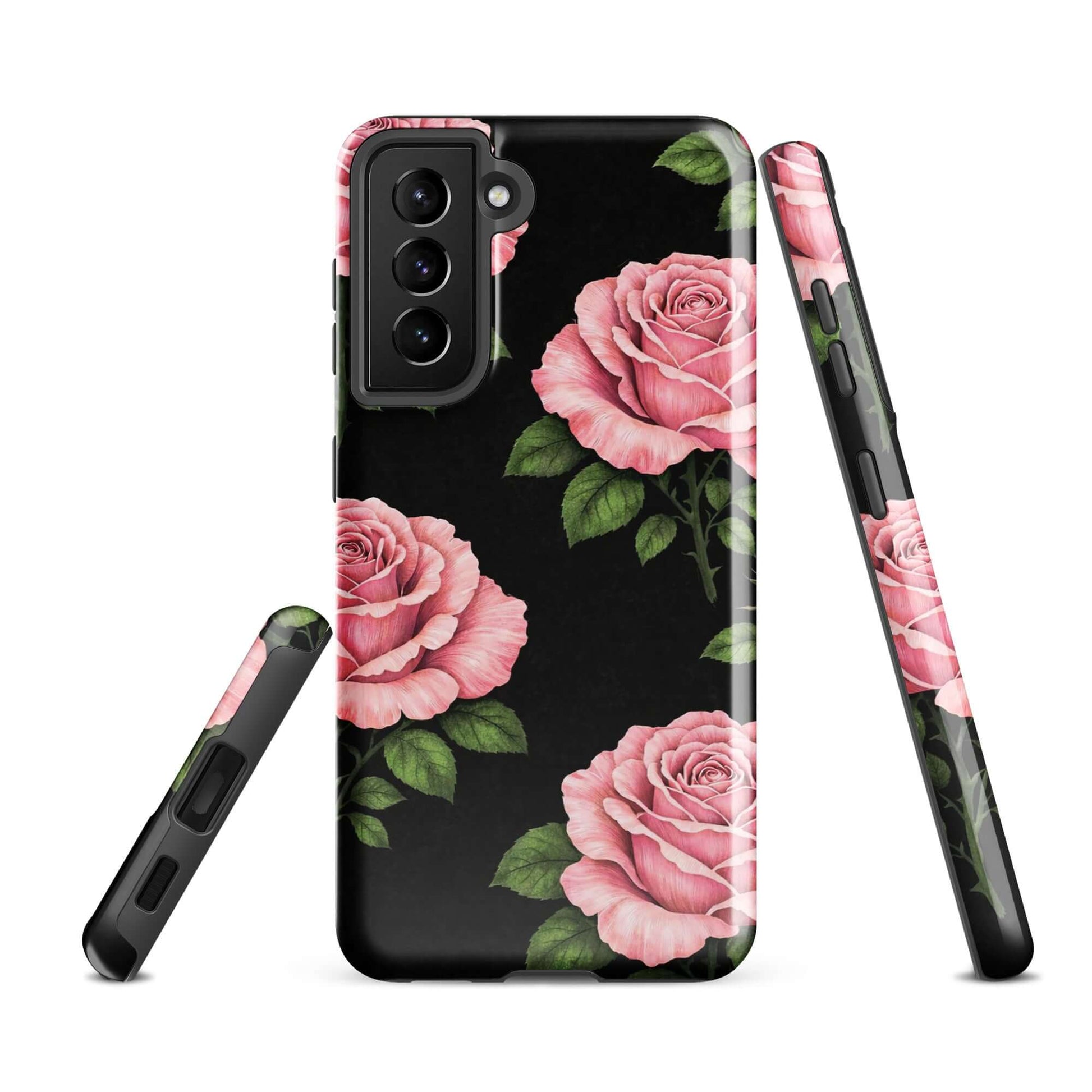 Phone Case for Samsung Galaxy with pink rose garden design and black background.