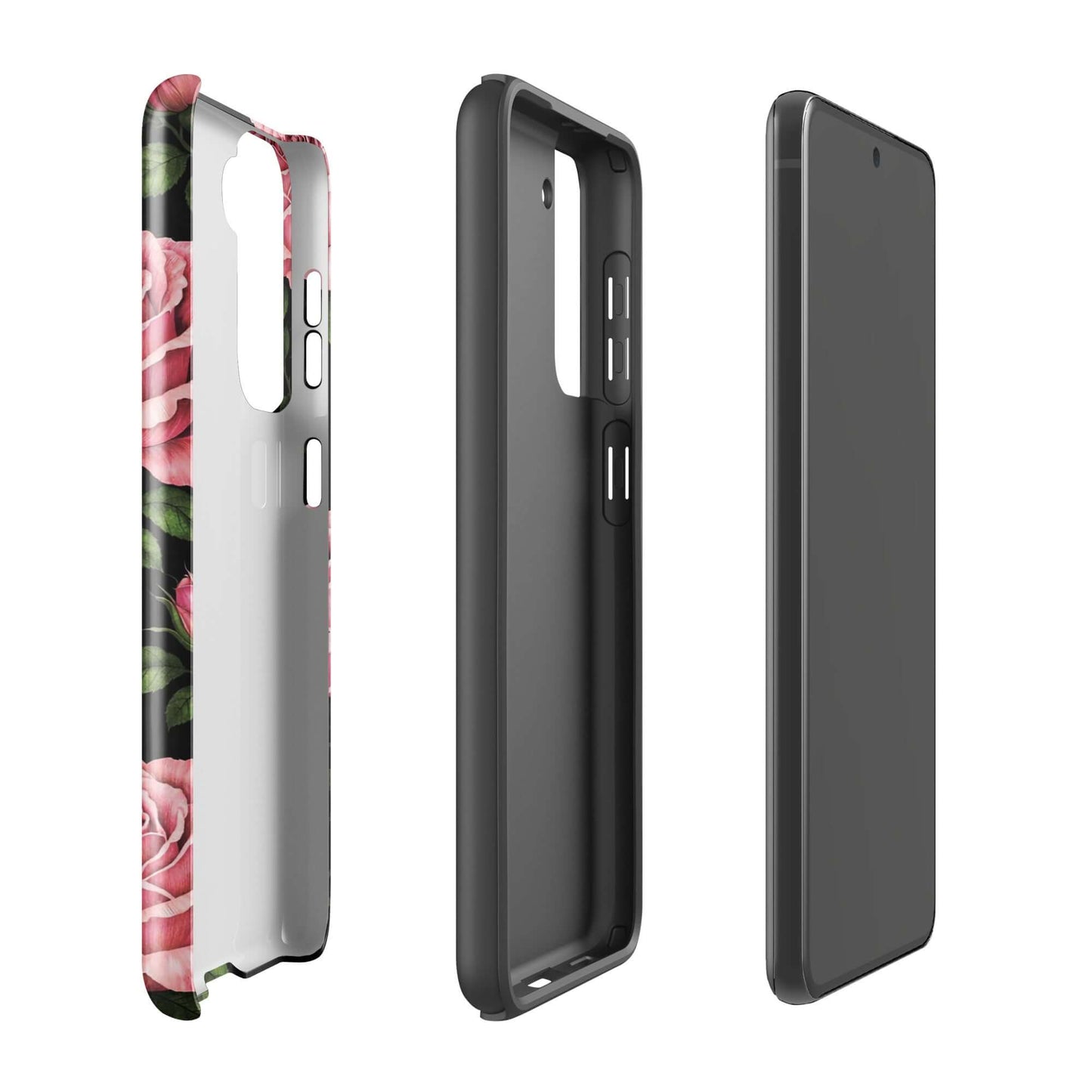 Phone Case for Samsung Galaxy with pink rose garden design, tough case featuring soft roses and green leaves on a black background.