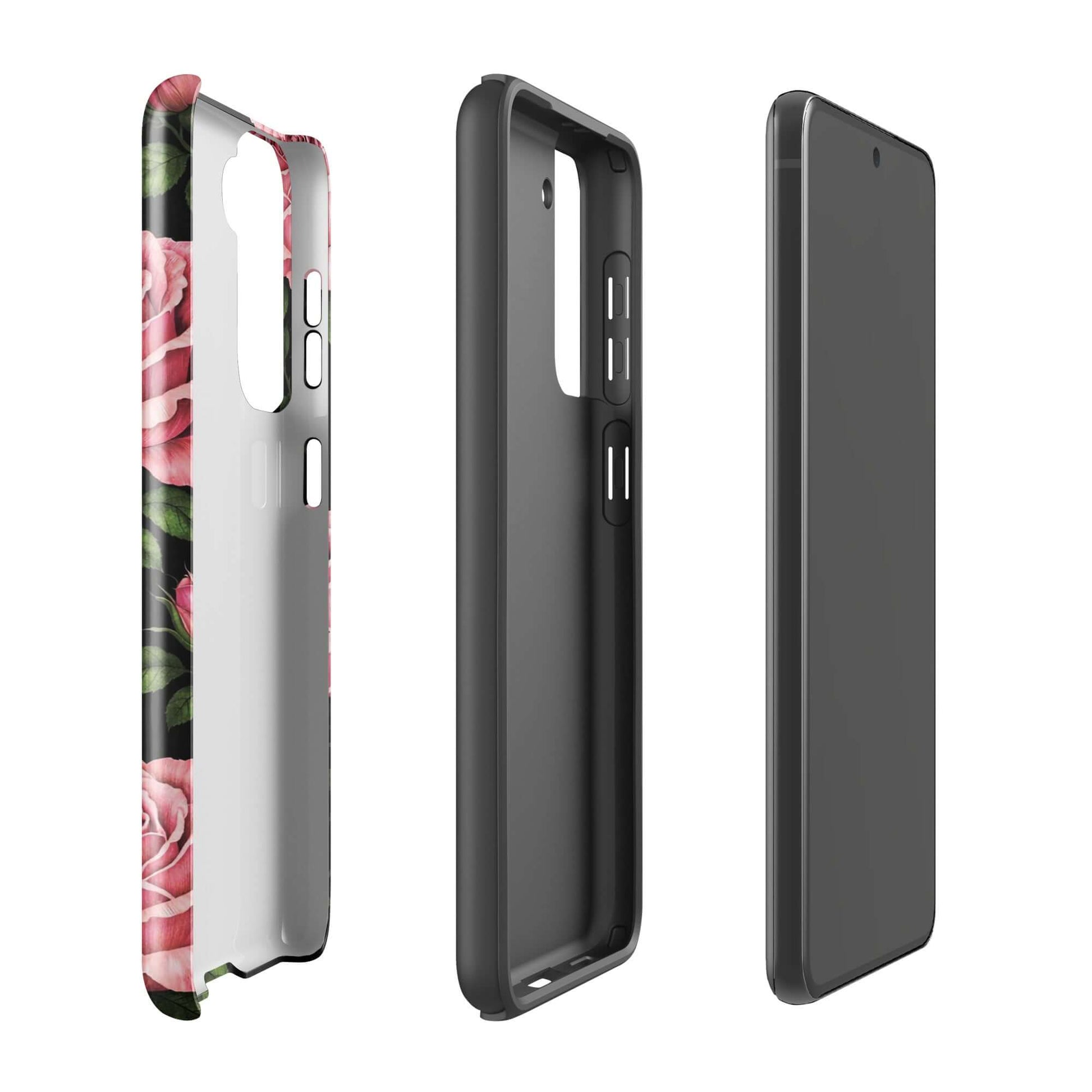 Phone Case for Samsung Galaxy with pink rose garden design, tough case featuring soft roses and green leaves on a black background.