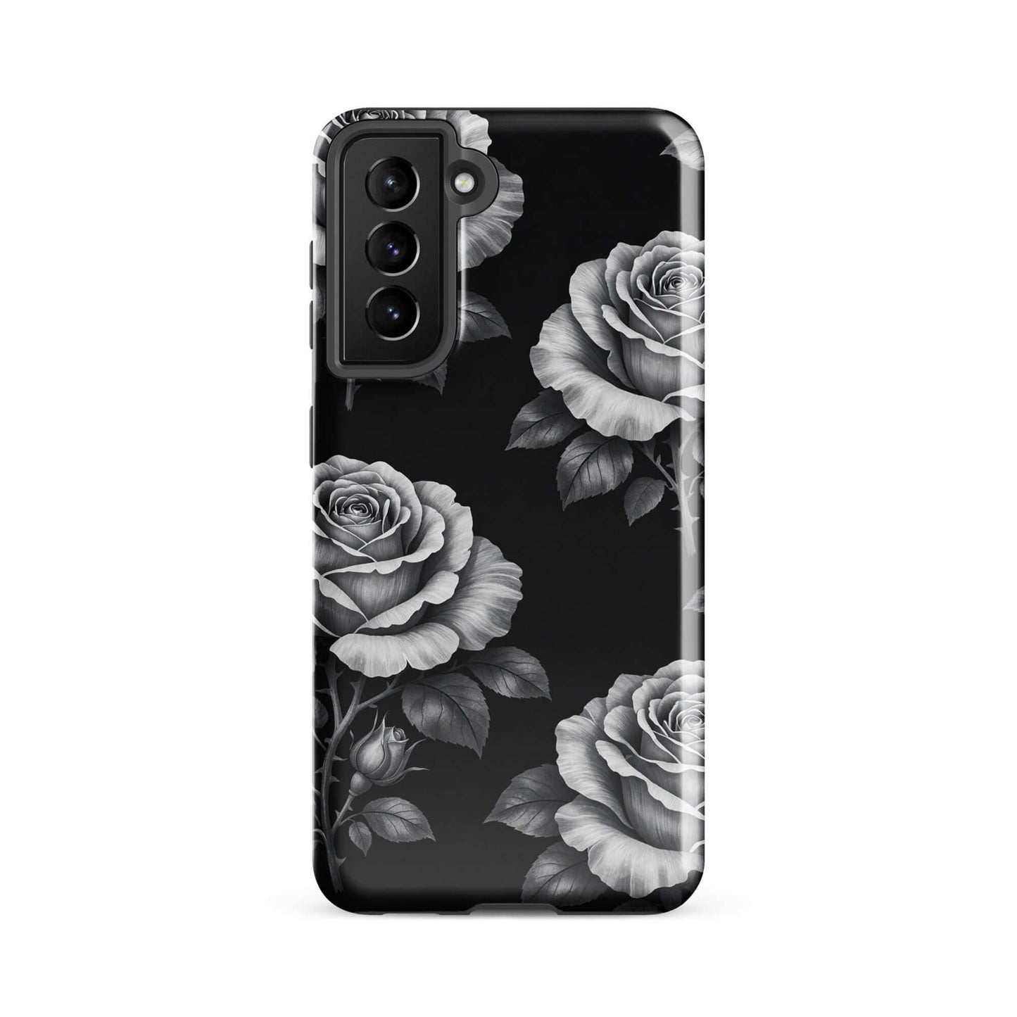 Phone Case for Samsung Galaxy: Rose Garden Tough Case with floral rose pattern on black background.