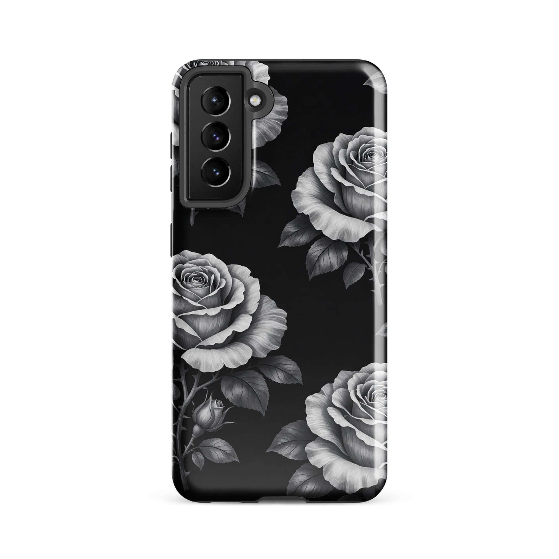 Phone Case for Samsung Galaxy: Rose Garden Tough Case with floral rose pattern on black background.