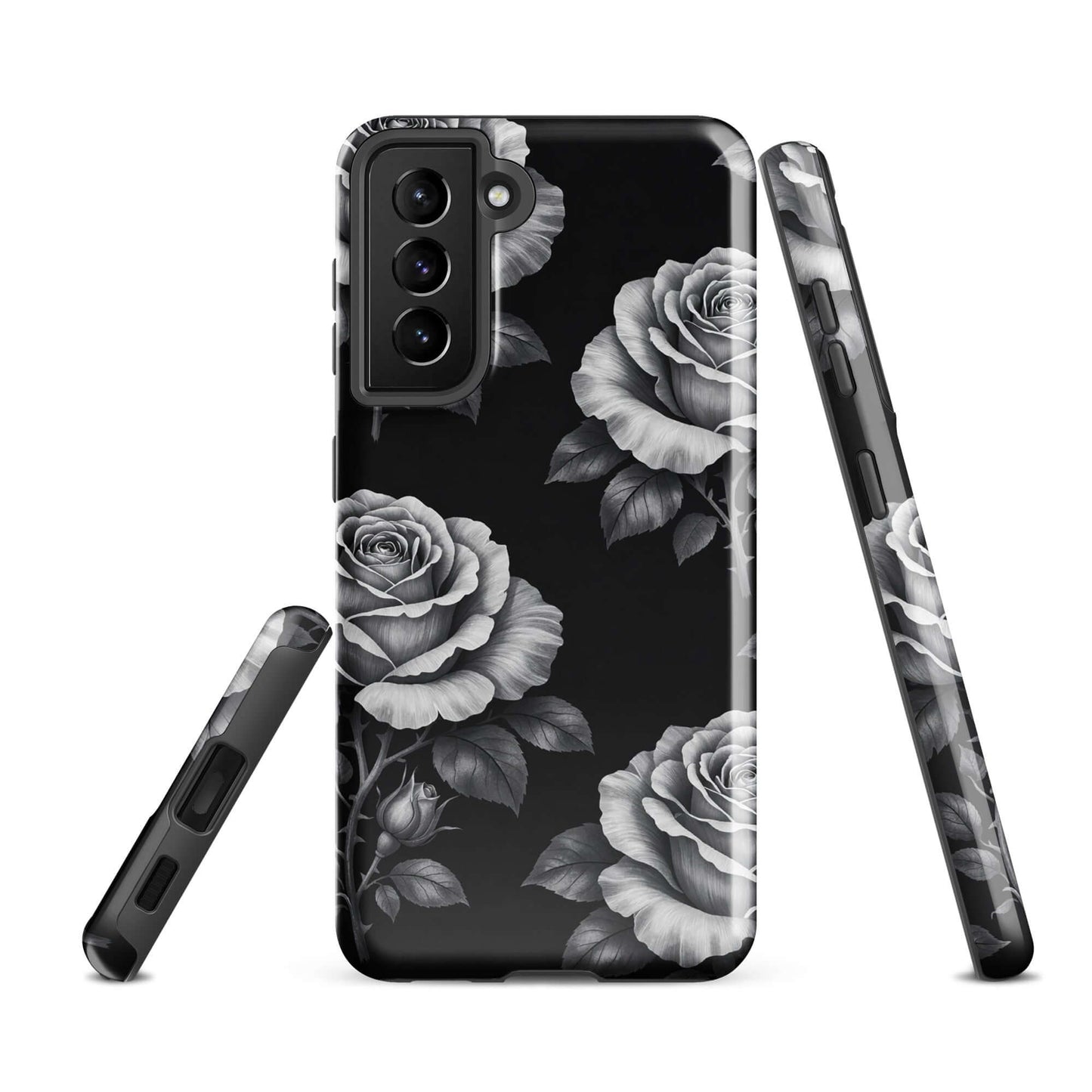 Phone Case for Samsung Galaxy with hand-sketched rose garden design on black background, offering durable protection and floral elegance.