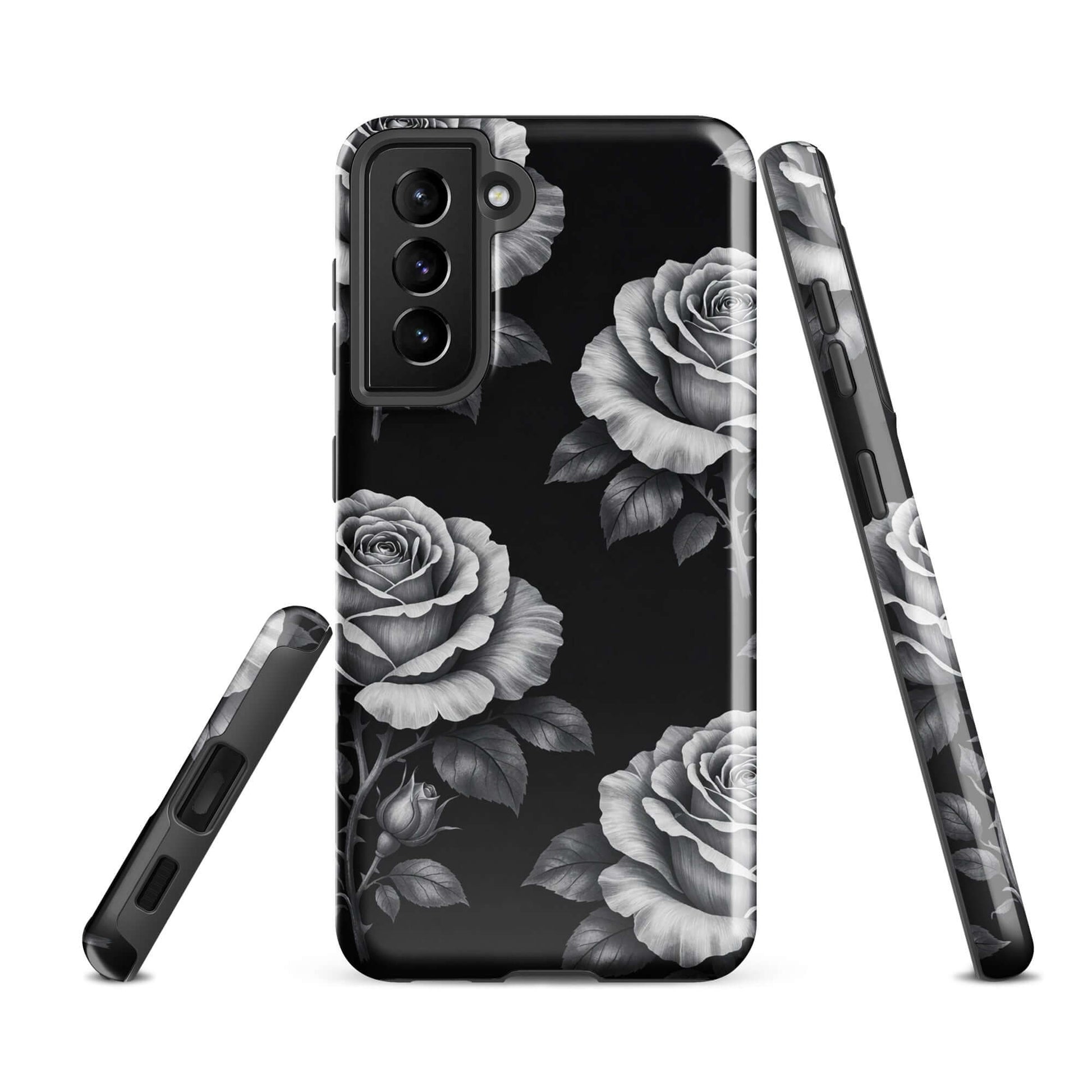 Phone Case for Samsung Galaxy with hand-sketched rose garden design on black background, offering durable protection and floral elegance.