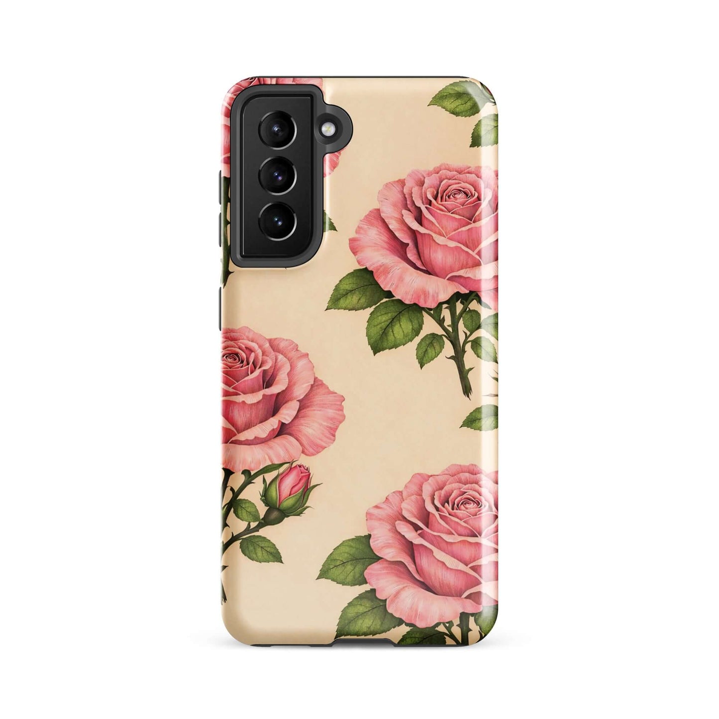 Phone Case for Samsung Galaxy featuring pink roses on a warm cream background, offering elegant floral protection.