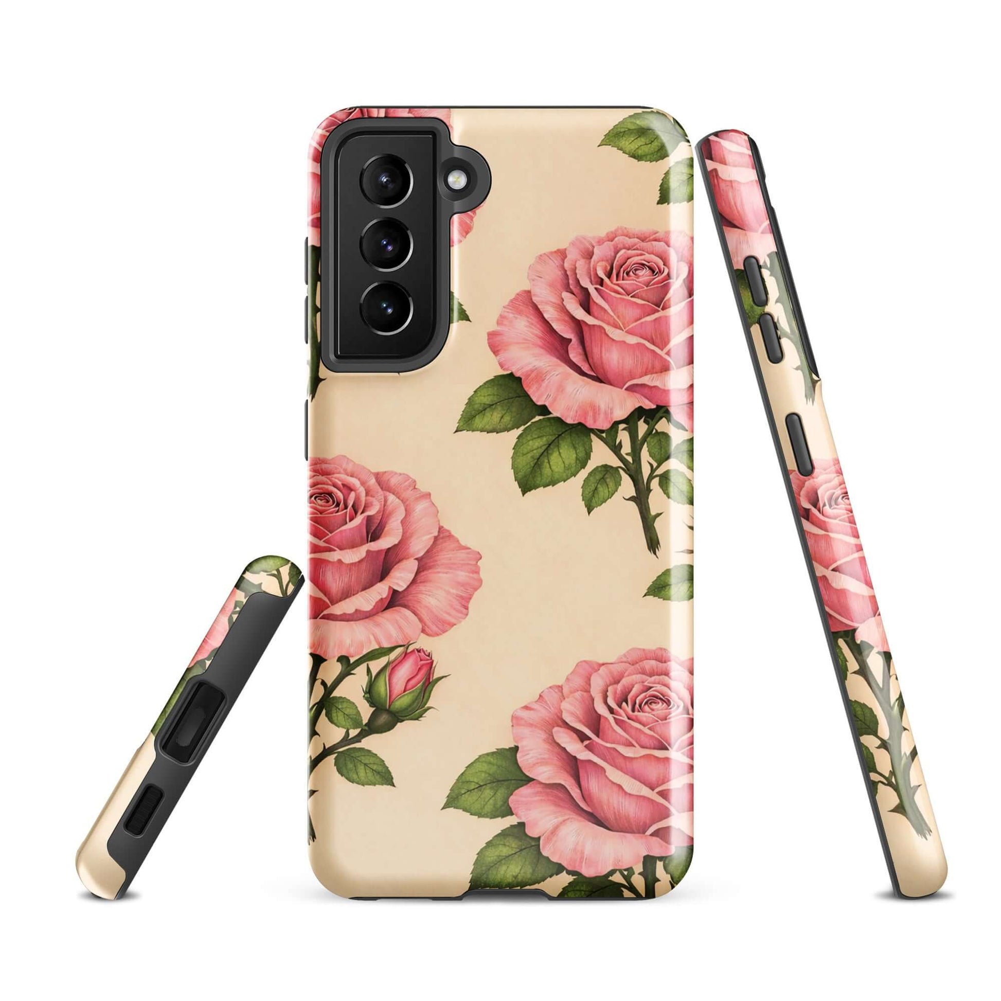 Phone Case for Samsung Galaxy with pink roses and cream background showcasing floral elegance and everyday protection.