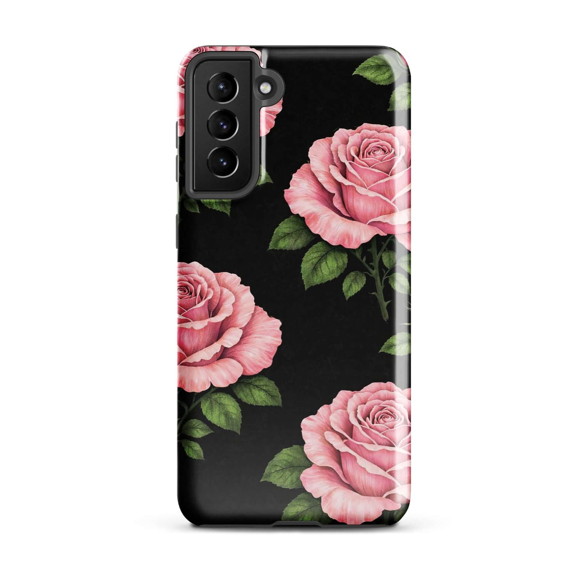 Phone Case with pink rose garden design for Samsung Galaxy on black background, floral tough case.
