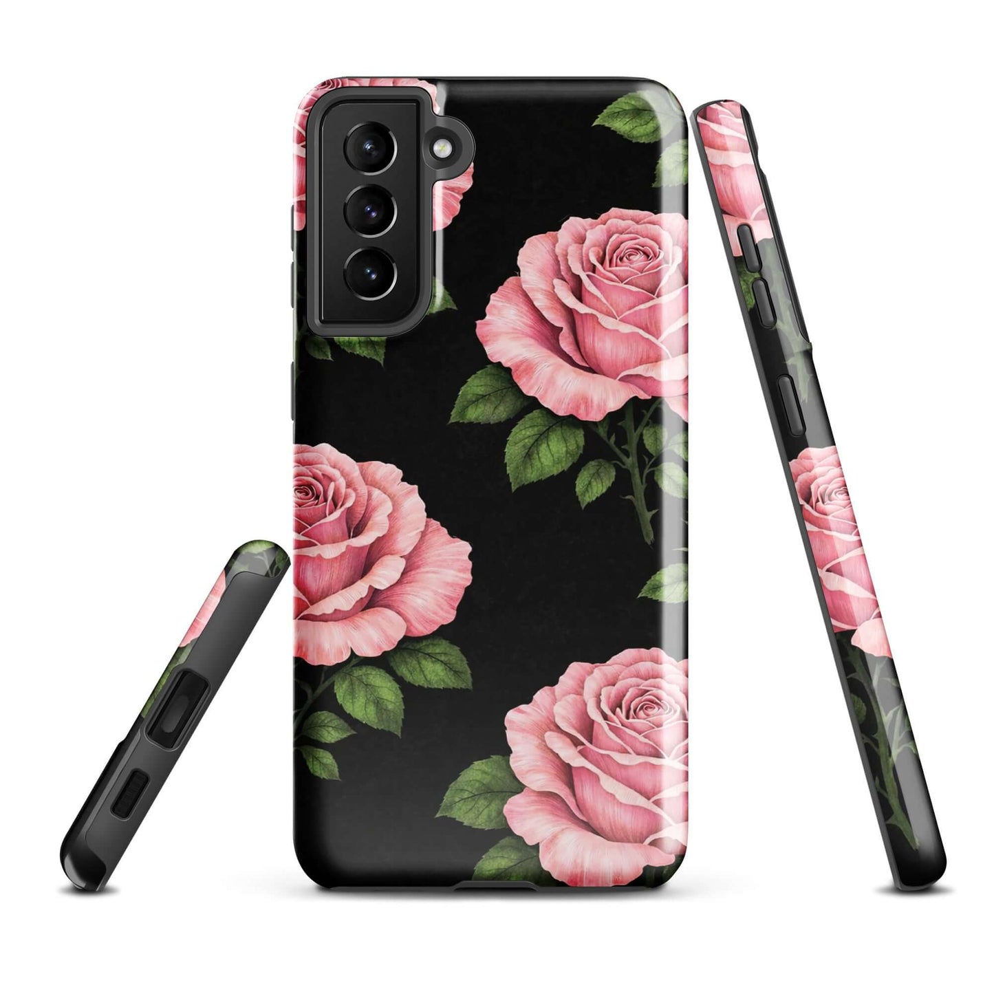 Phone Case for Samsung Galaxy with pink rose garden design, featuring soft roses on a black background. Tough case for style and protection.