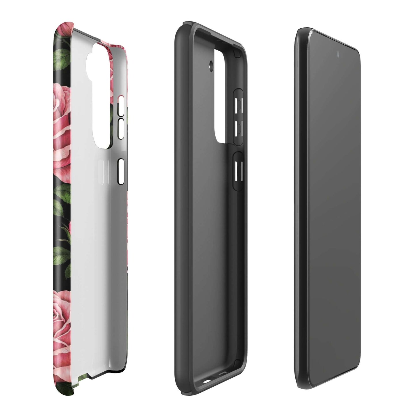 Phone Case for Samsung Galaxy with pink rose garden pattern and tough black design, showing interior and exterior views.