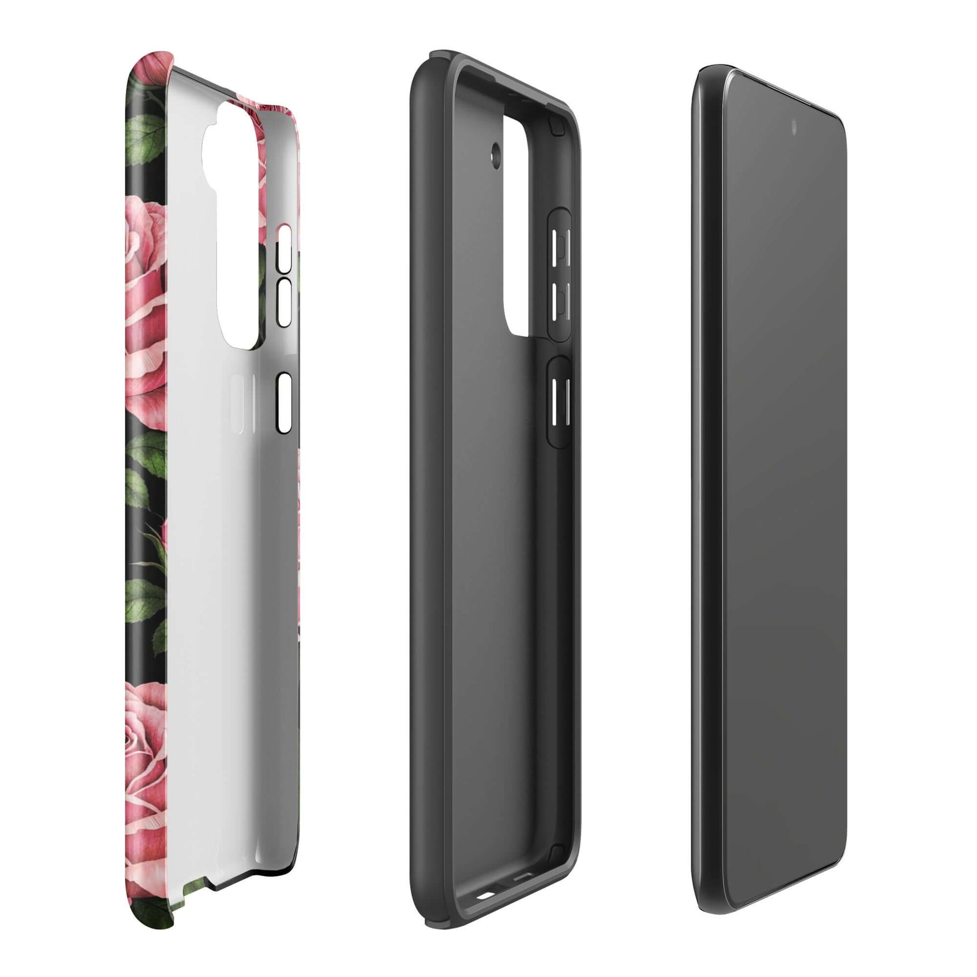 Phone Case for Samsung Galaxy with pink rose garden pattern and tough black design, showing interior and exterior views.