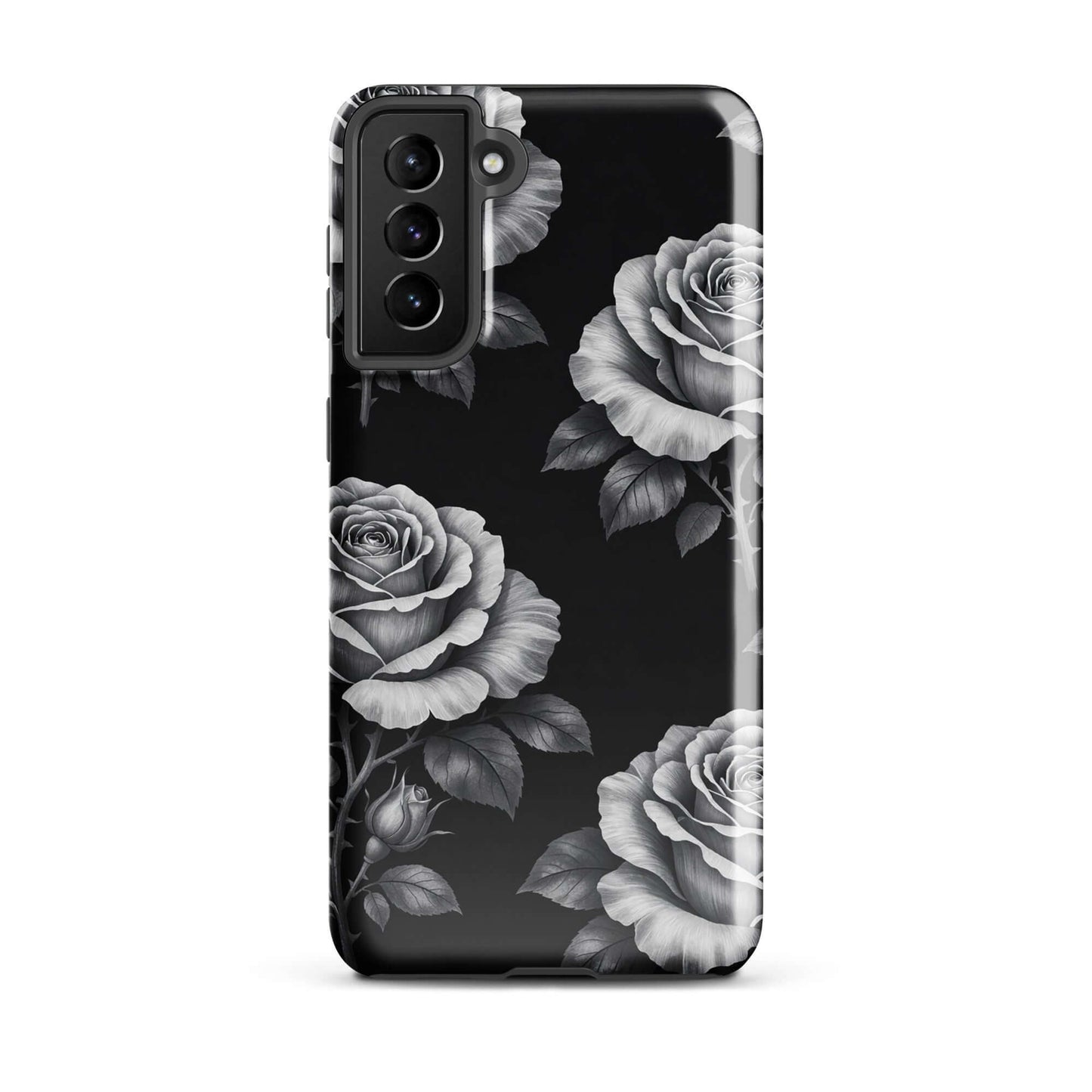 Phone Case for Samsung Galaxy featuring hand-sketched rose garden design with black background, offering floral elegance and protection.