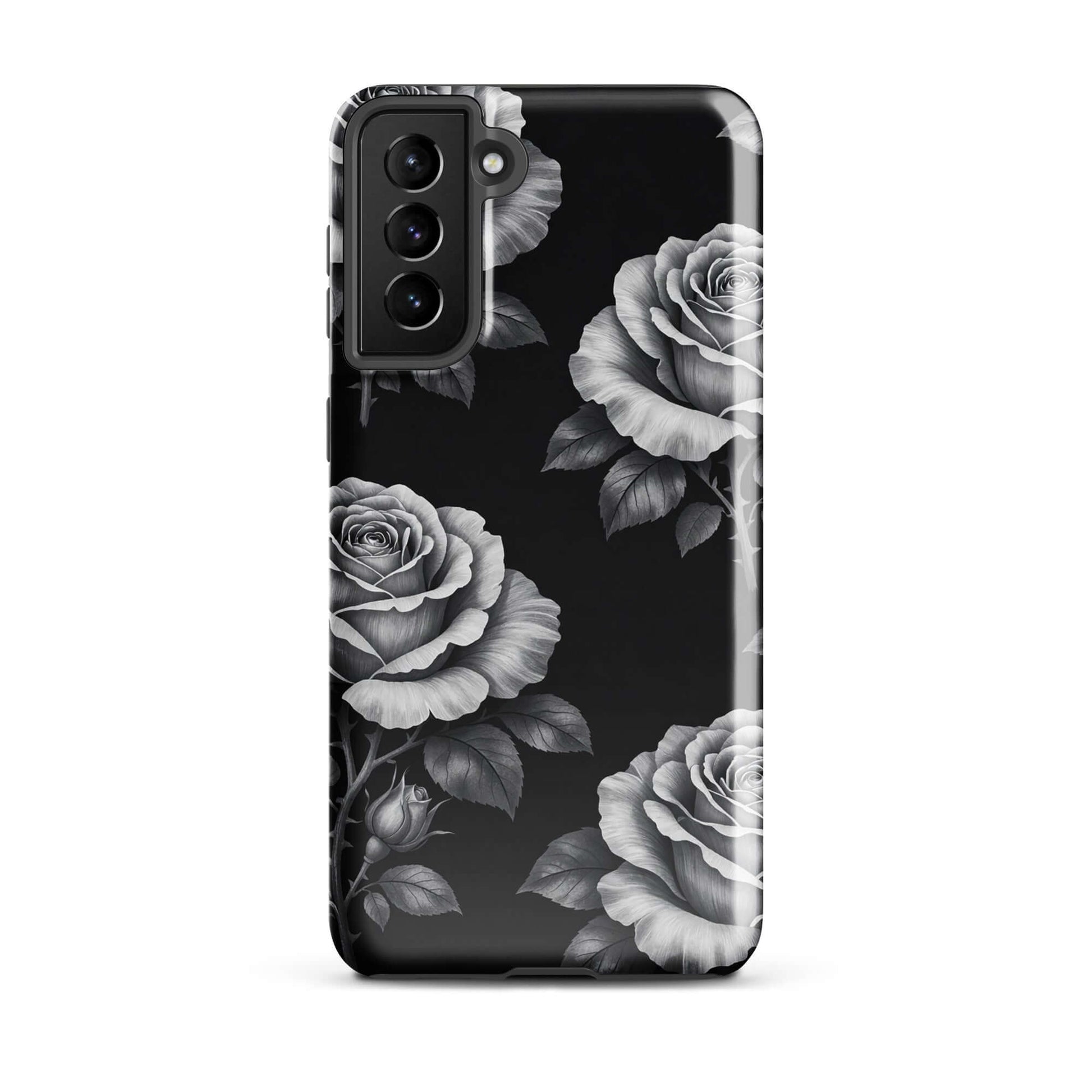 Phone Case for Samsung Galaxy featuring hand-sketched rose garden design with black background, offering floral elegance and protection.