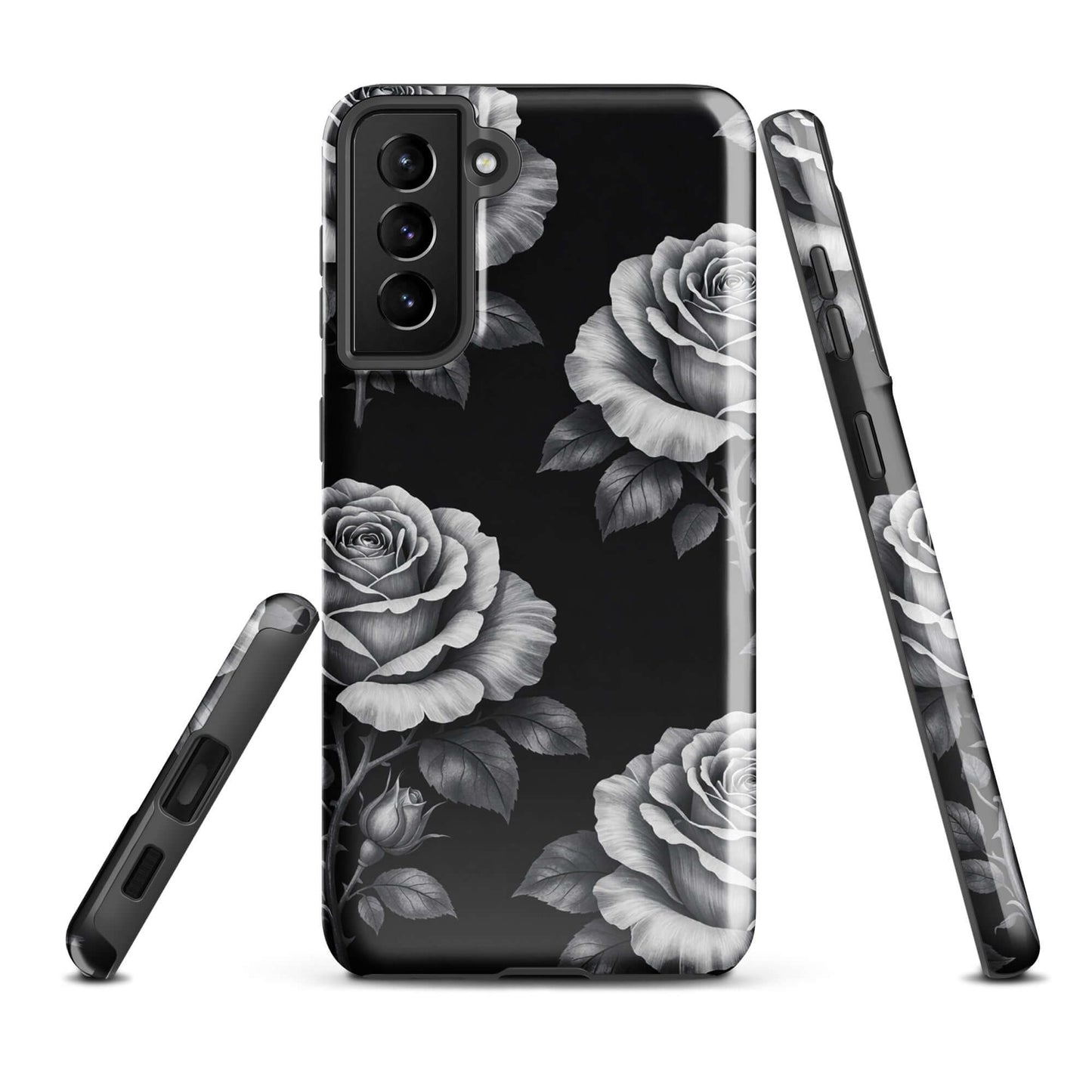 Phone Case for Samsung Galaxy with rose garden design, featuring hand-sketched roses on a black background for an elegant, playful style.