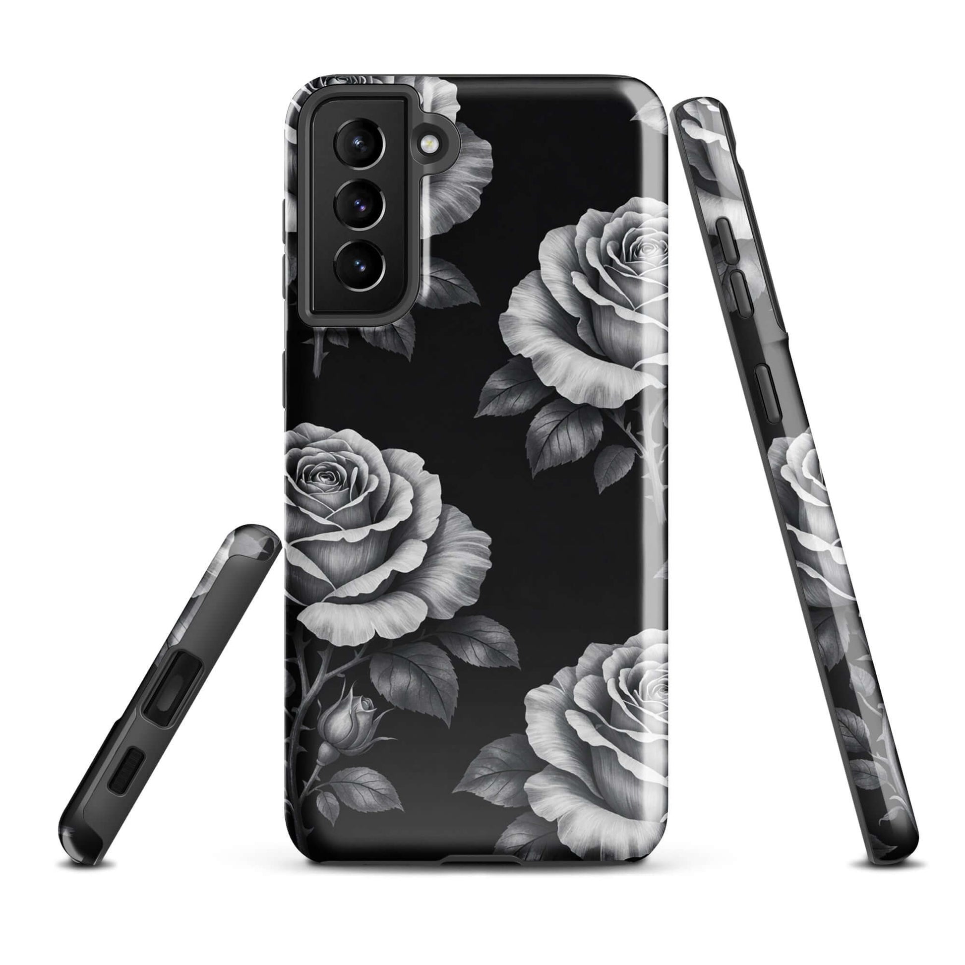 Phone Case for Samsung Galaxy with rose garden design, featuring hand-sketched roses on a black background for an elegant, playful style.