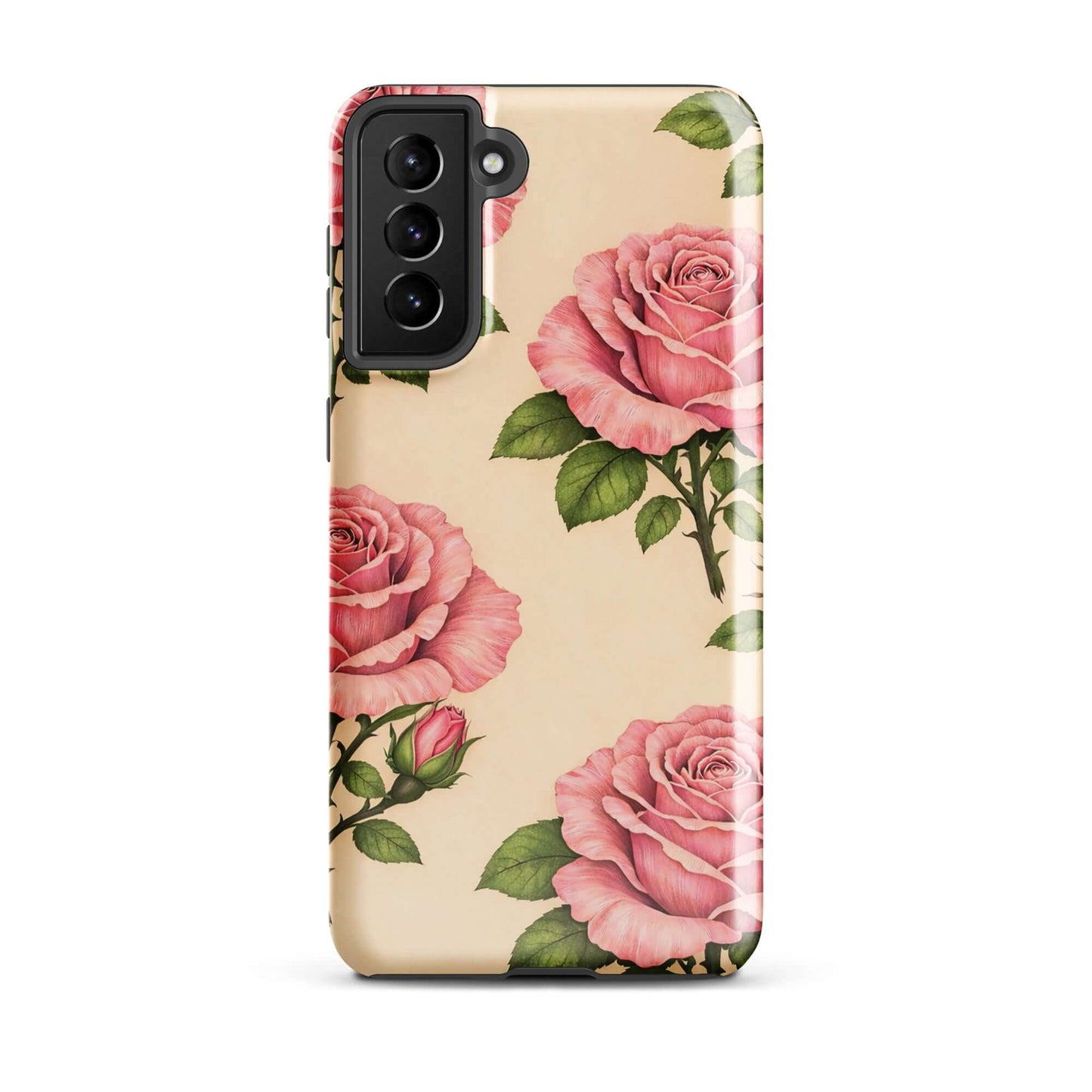 Phone Case for Samsung Galaxy with pink roses on cream background, offering elegance and floral protection.