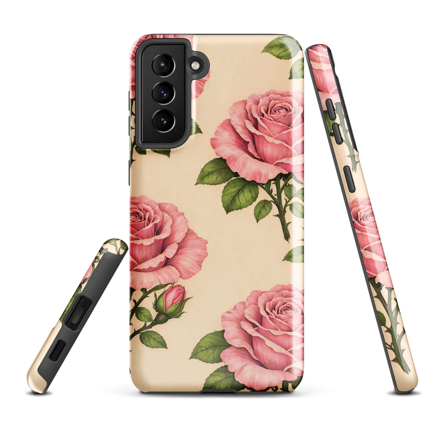 Phone Case for Samsung Galaxy featuring pink roses on cream background, elegant and protective design.