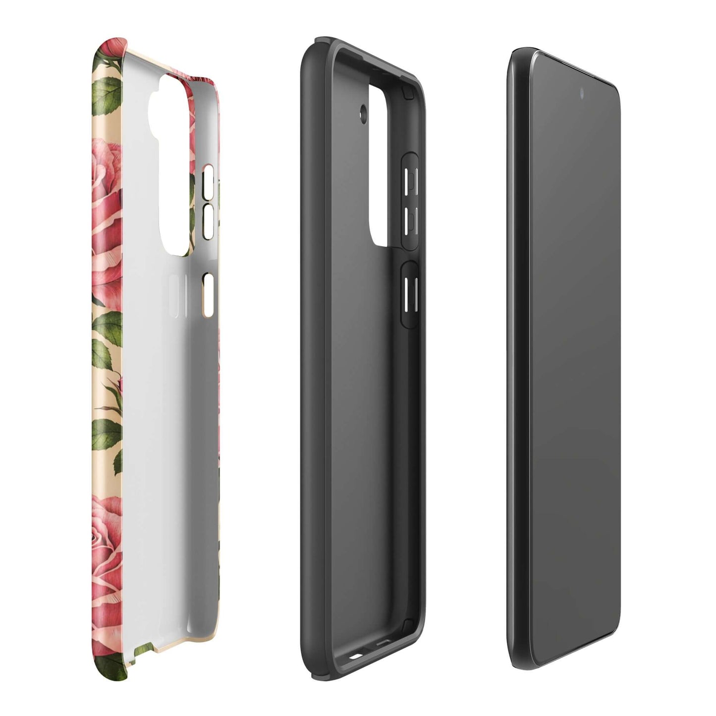 Phone Case for Samsung Galaxy with pink rose design and cream background, showcasing protection and elegance.