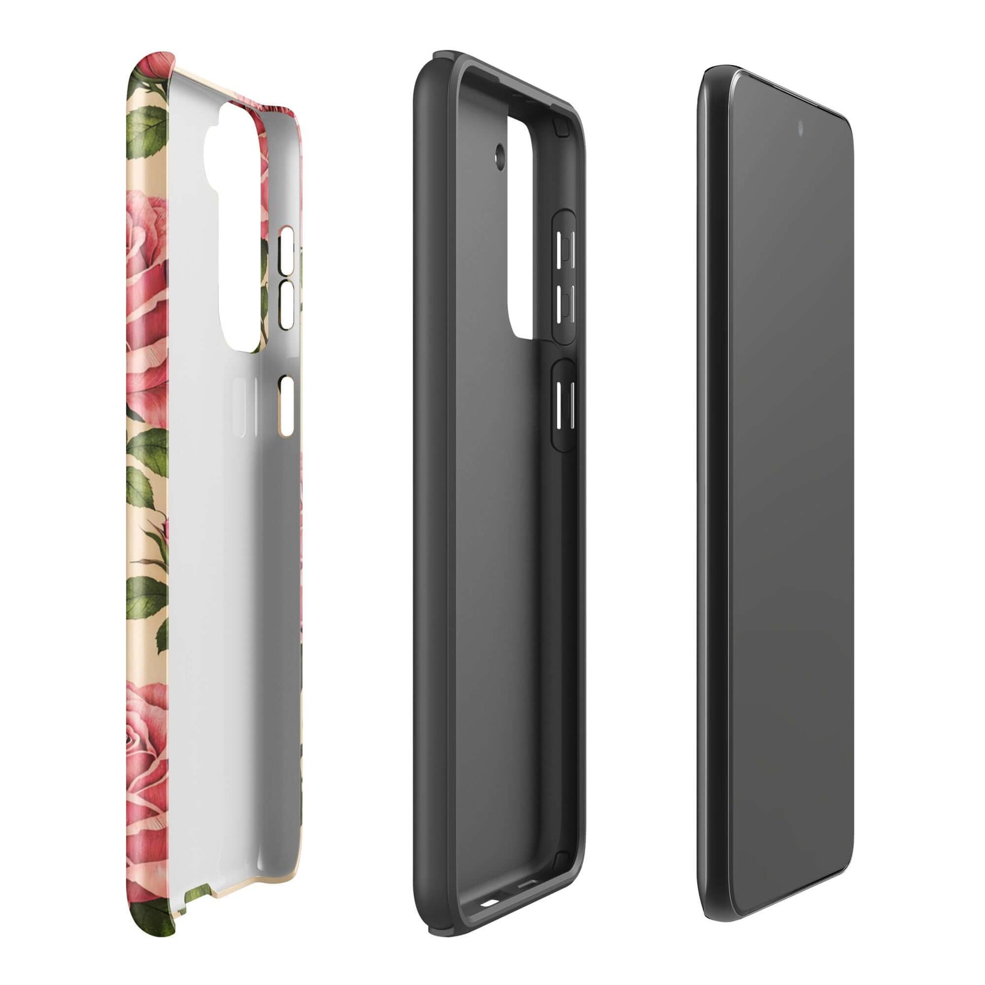 Phone Case for Samsung Galaxy with pink rose design and cream background, showcasing protection and elegance.