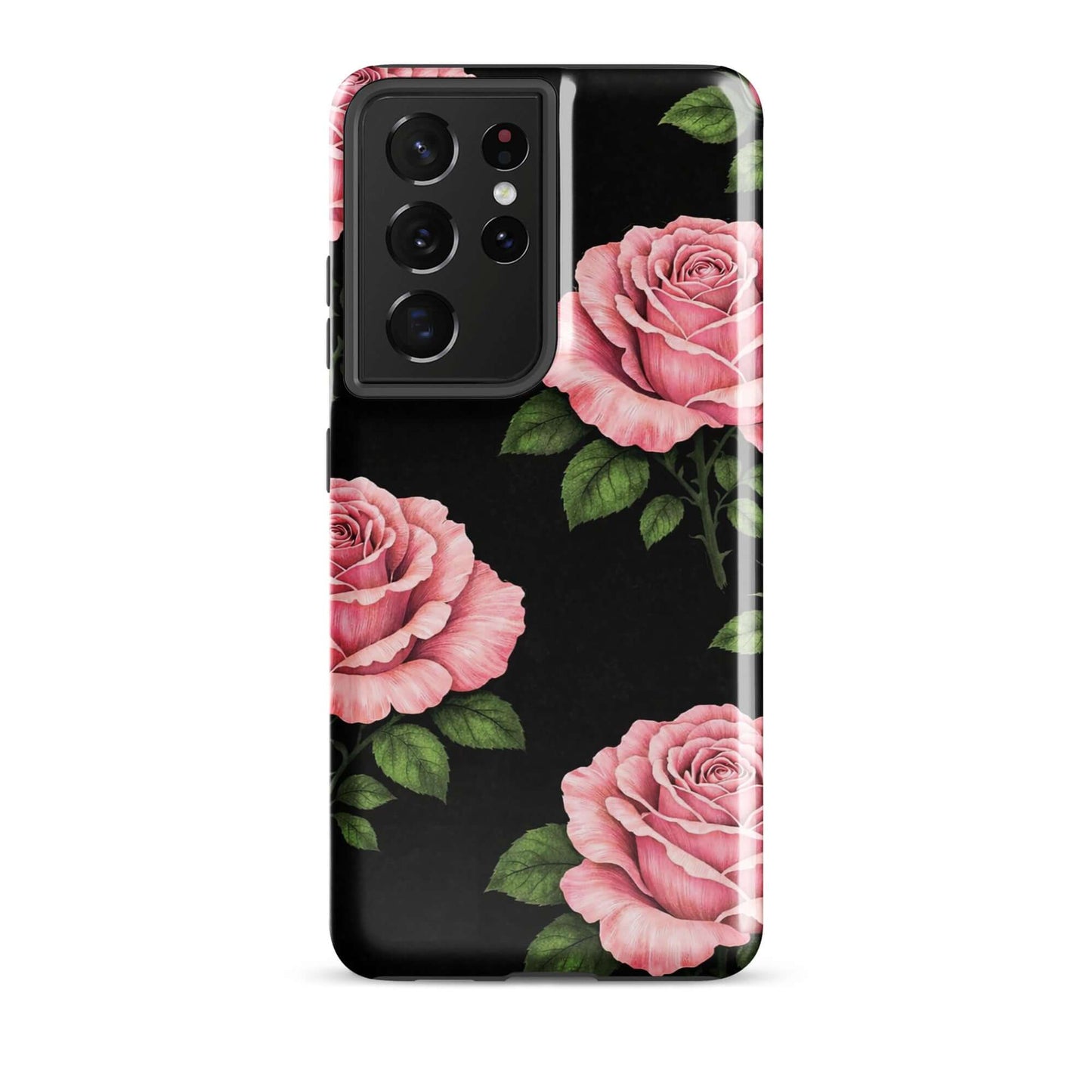 Phone Case for Samsung Galaxy with pink rose garden design on black background, featuring soft pink roses and green leaves.