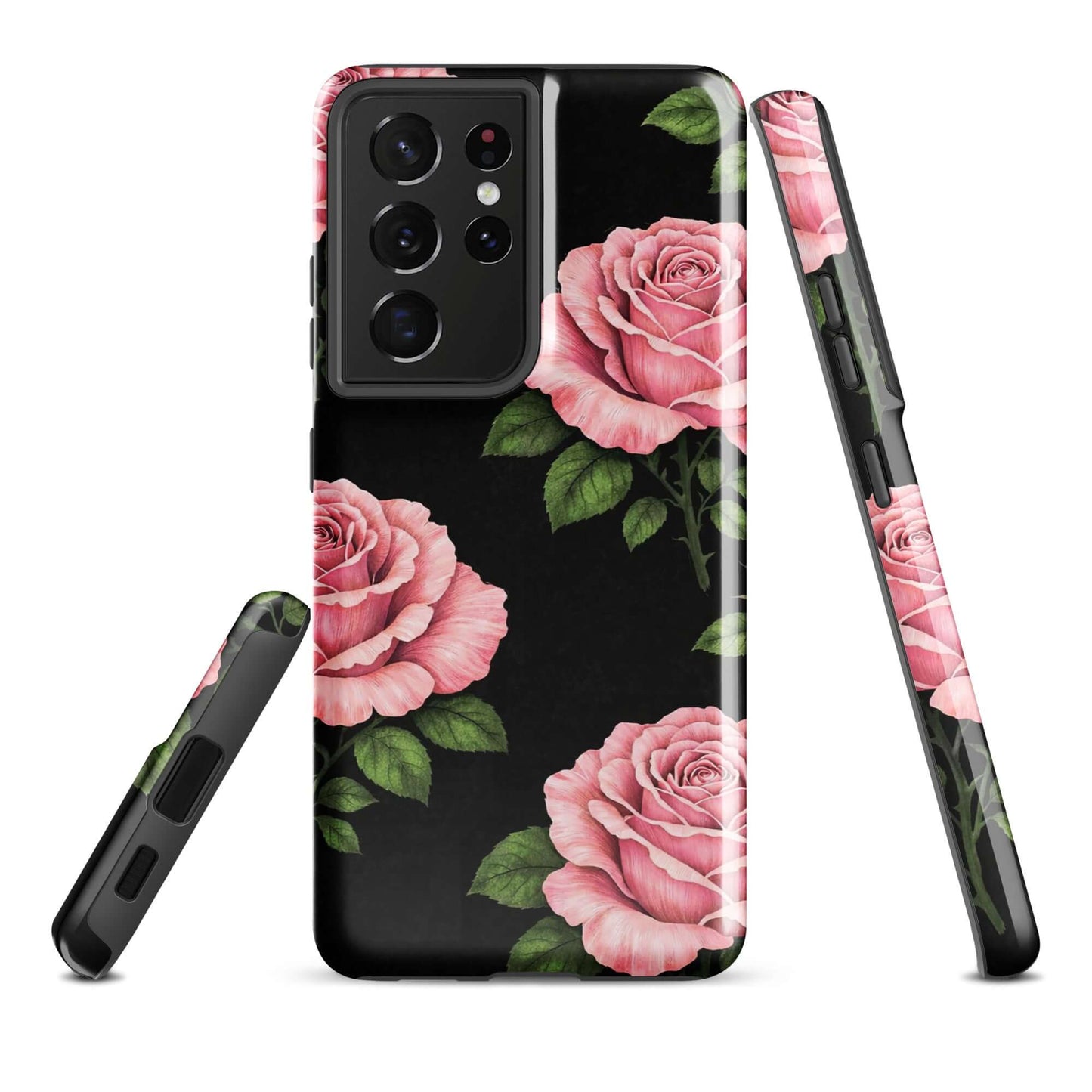 Phone Case for Samsung Galaxy with pink rose garden design, featuring pink roses on black background. Tough case for style and protection.
