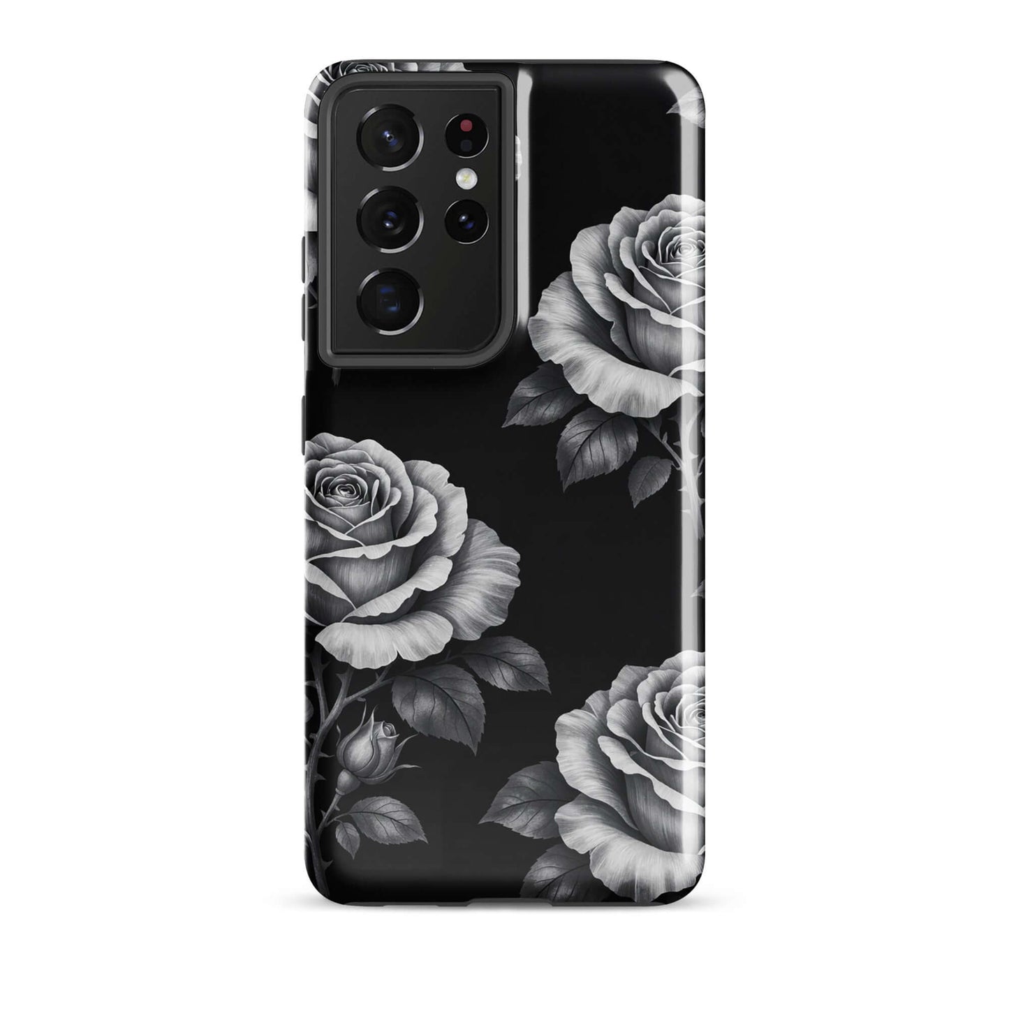 Phone Case for Samsung Galaxy with rose garden design on black background, featuring hand-sketched roses and leaves.