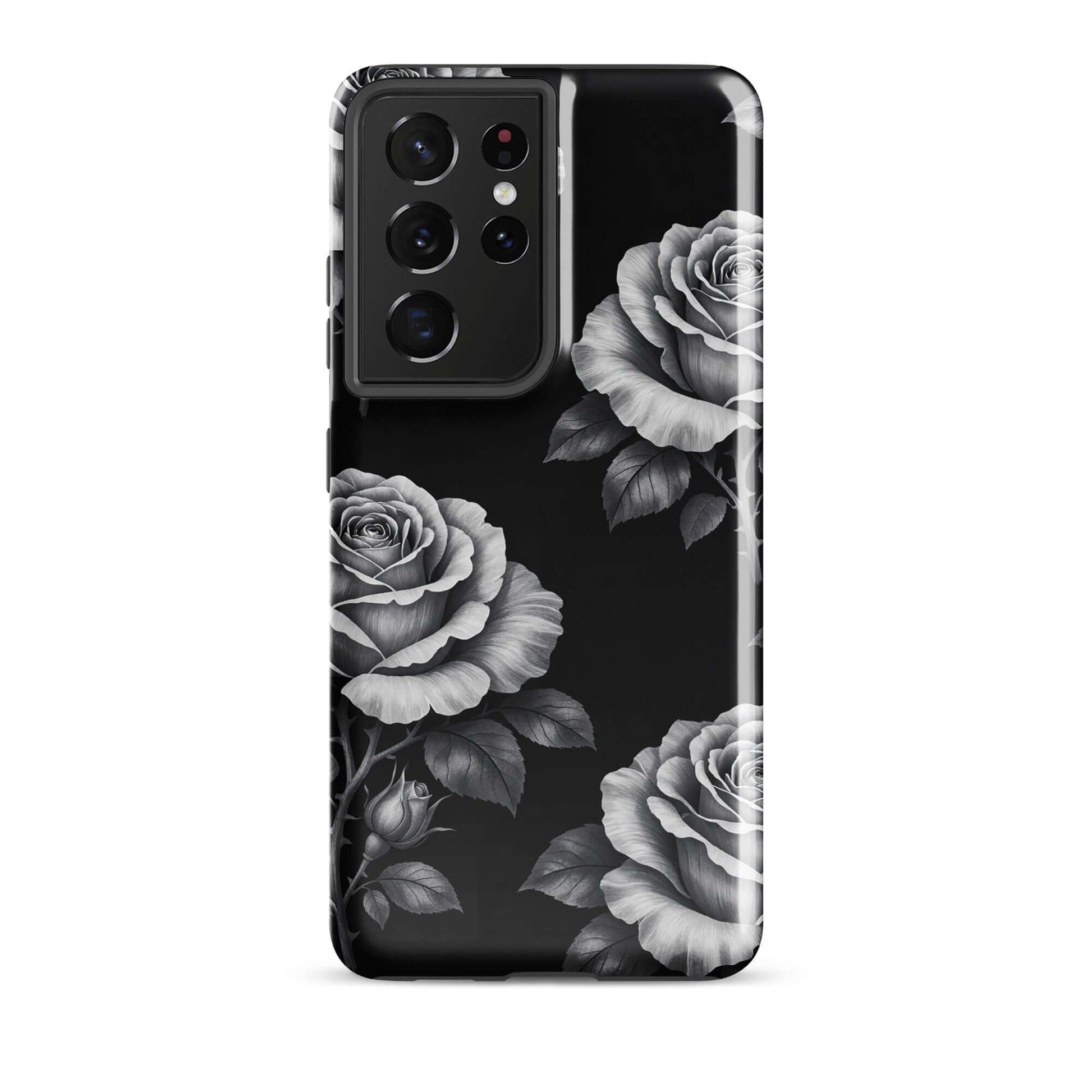 Phone Case for Samsung Galaxy with rose garden design on black background, featuring hand-sketched roses and leaves.