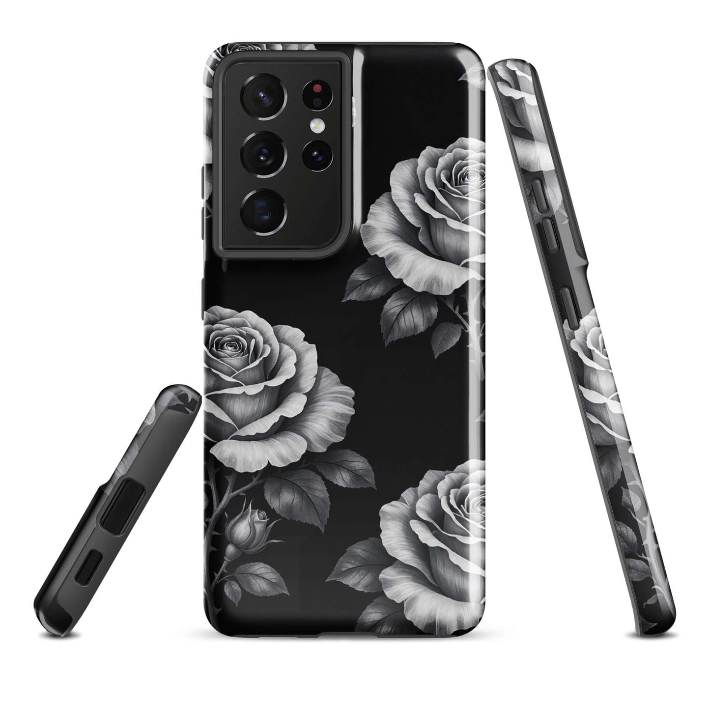 Phone Case for Samsung Galaxy with rose garden design, featuring pencil-style sketched roses and leaves on a black background.