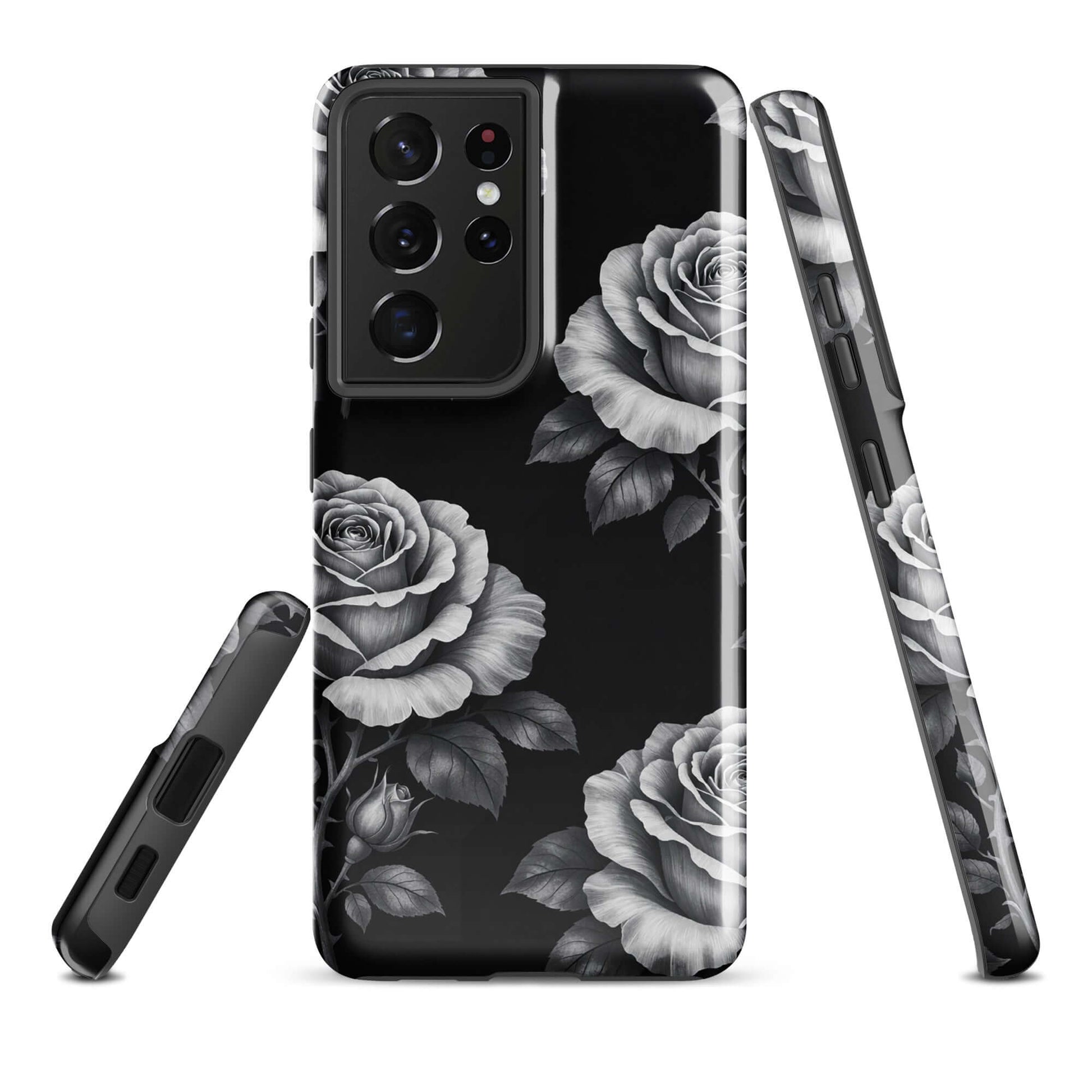 Phone Case for Samsung Galaxy with rose garden design, featuring pencil-style sketched roses and leaves on a black background.