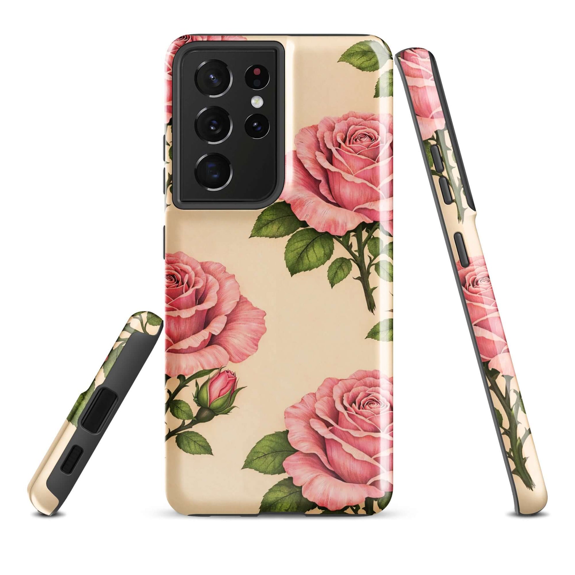 Phone Case for Samsung Galaxy in pink rose and warm cream floral design with green leaves, offering stylish protection and elegance.