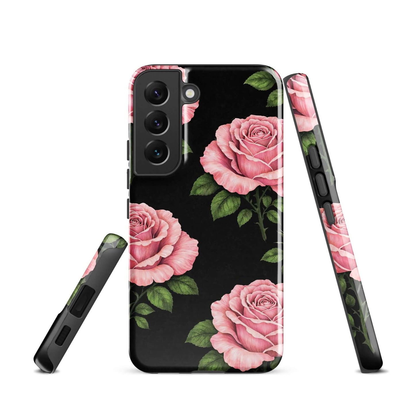 Phone Case for Samsung Galaxy with pink roses and black background, floral design for style and protection, tough case.