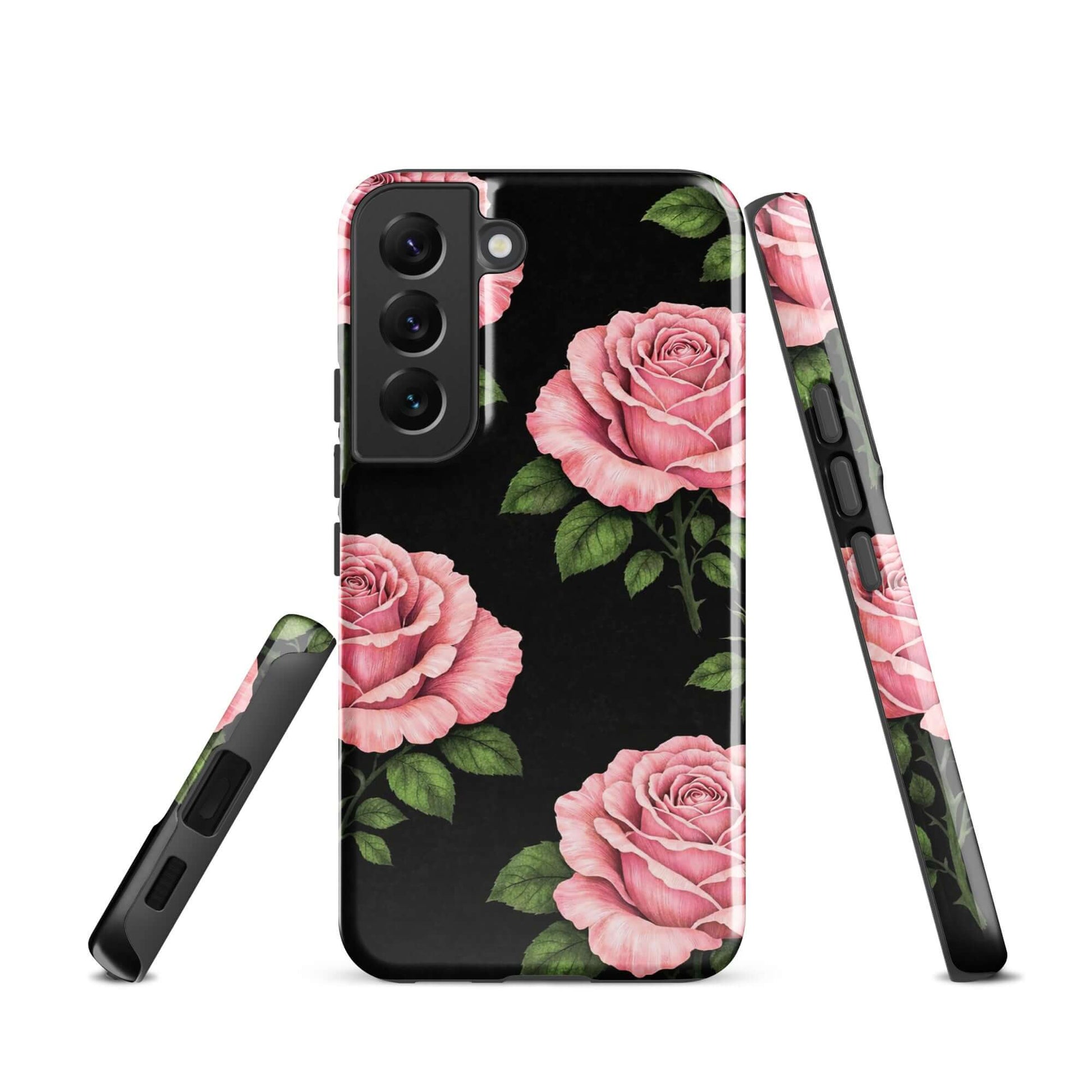 Phone Case for Samsung Galaxy with pink roses and black background, floral design for style and protection, tough case.