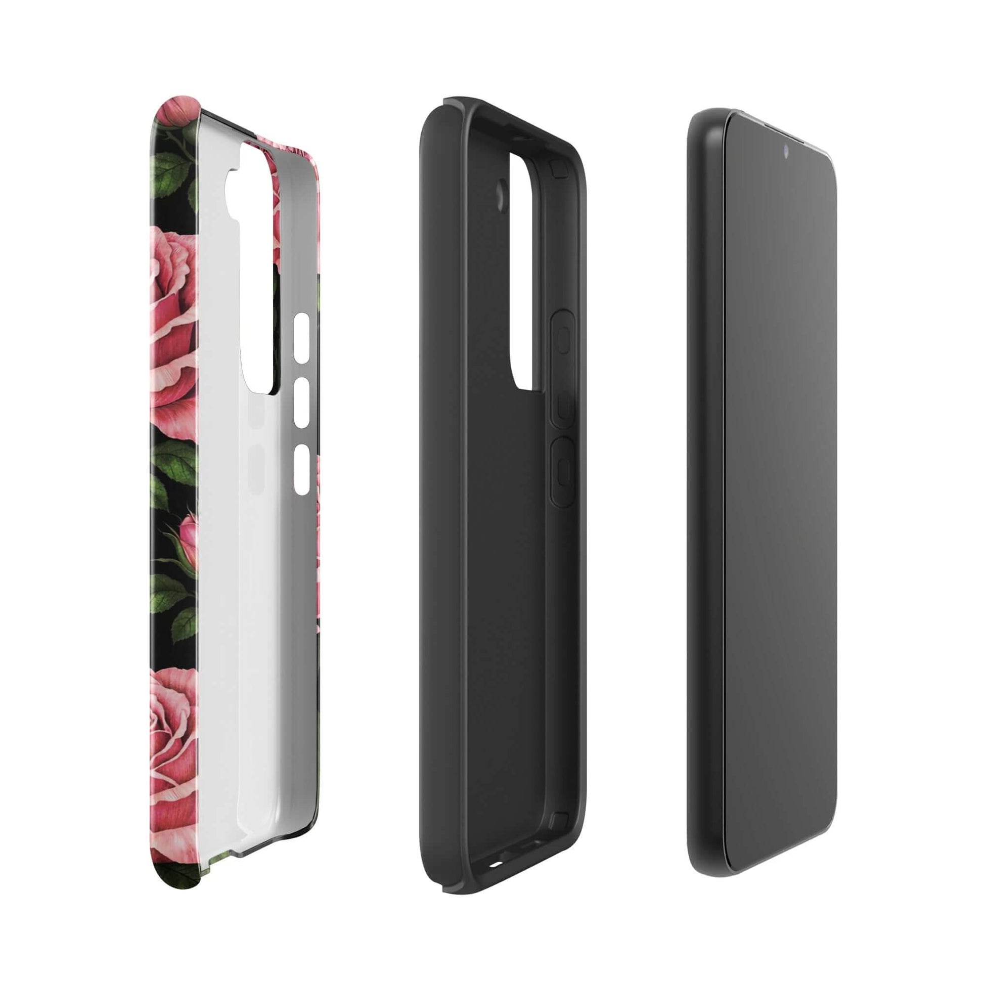 Phone Case for Samsung Galaxy with pink roses and green leaves on black background, tough protective cover, chic floral design