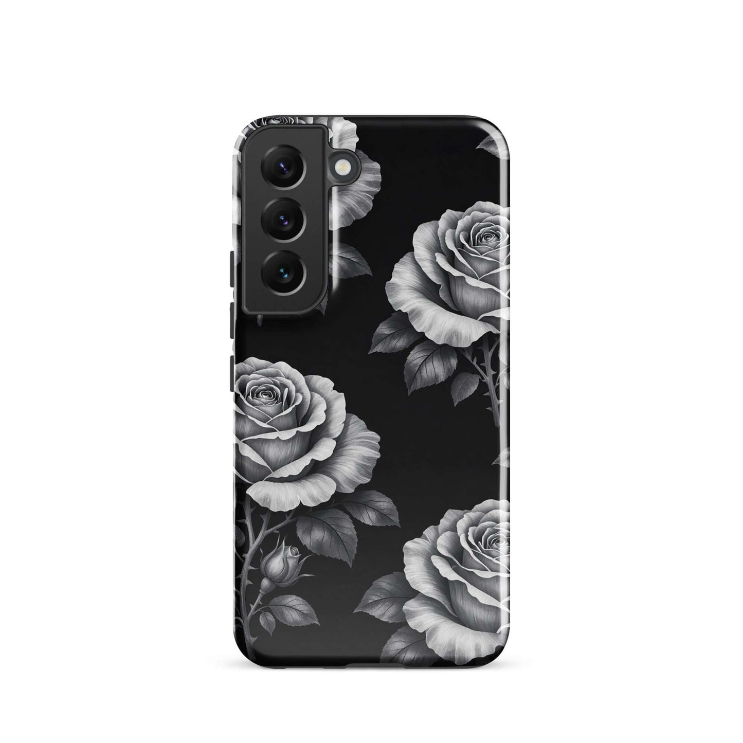Phone Case for Samsung Galaxy with rose garden tough design, featuring hand-sketched roses on a black background for floral charm.