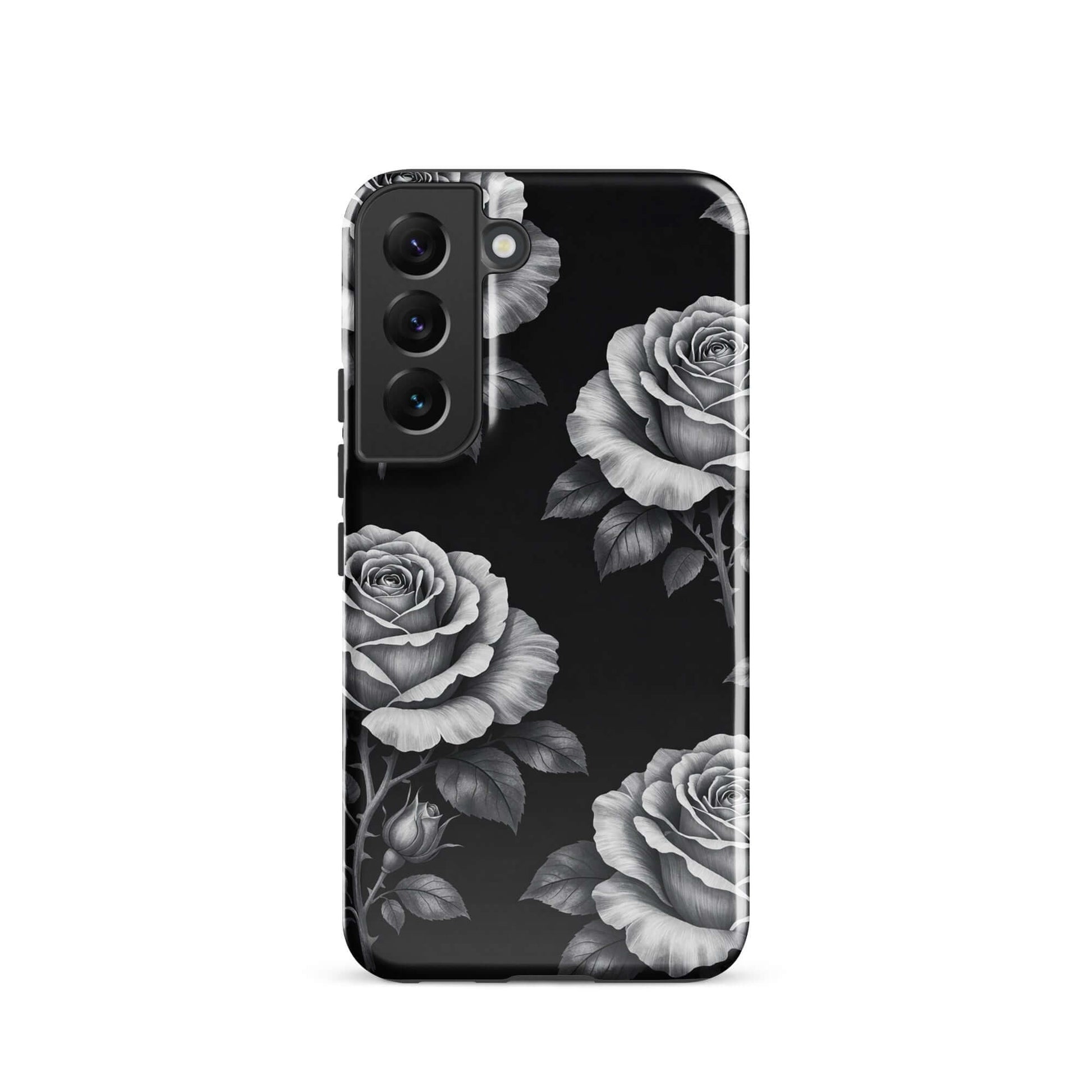 Phone Case for Samsung Galaxy with rose garden tough design, featuring hand-sketched roses on a black background for floral charm.