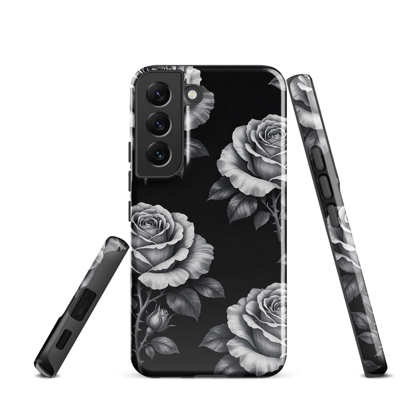 Phone Case for Samsung Galaxy with rose garden design, featuring hand-sketched roses on a black background for a stylish look.