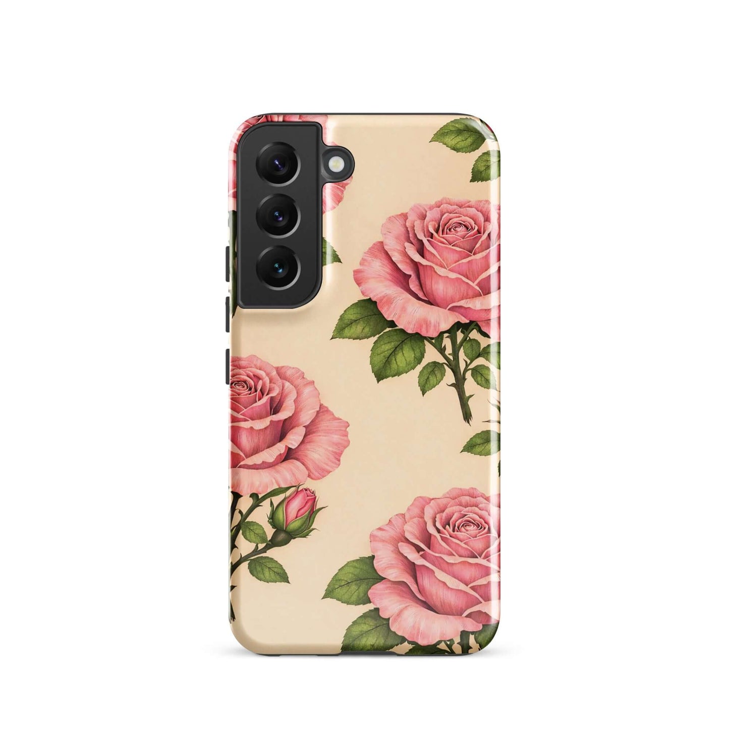 Phone Case for Samsung Galaxy with pink roses on warm cream background, elegant floral design, protective case for everyday use.