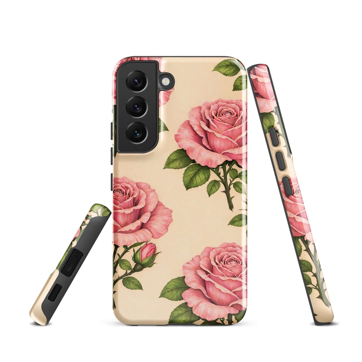 Phone Case for Samsung Galaxy with pink roses on cream background, elegant protection with floral design.