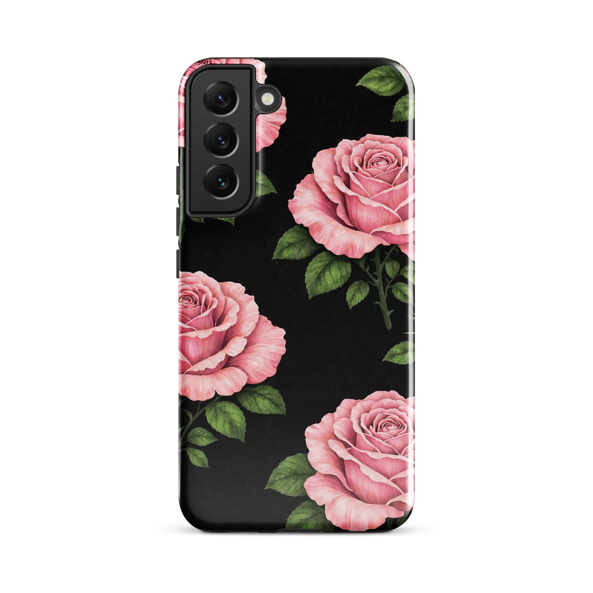 Phone Case for Samsung Galaxy with pink rose garden design on black background, featuring hand-sketched rose pattern and green leaves.