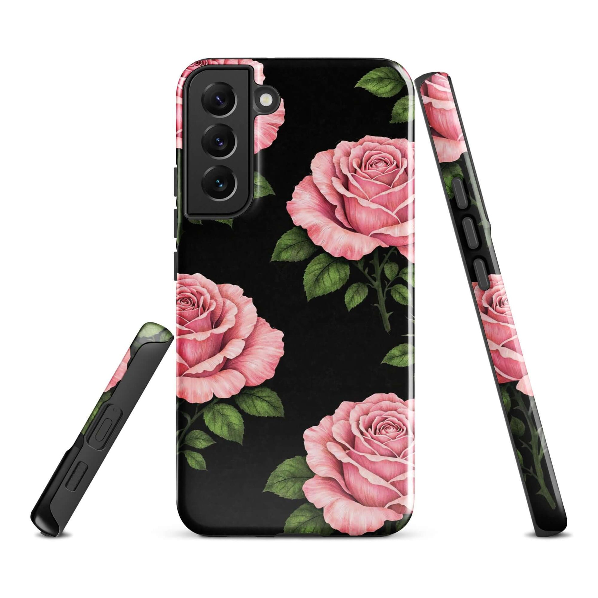 Phone Case for Samsung Galaxy with pink rose garden design on black background, tough protection, elegant floral pattern.